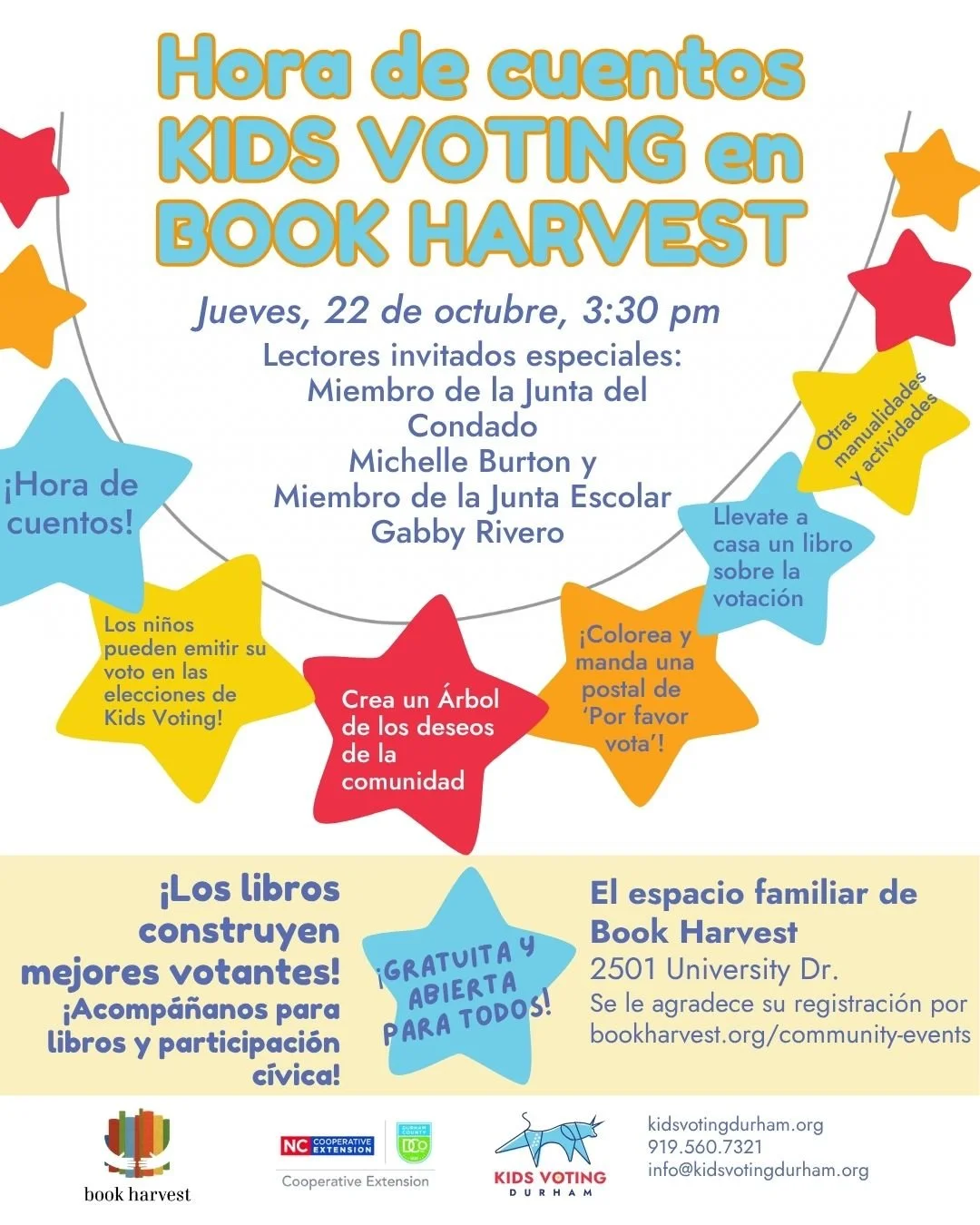 Event poster for "Kids Voting Storytime" with Book Harvest. Spanish-language poster.