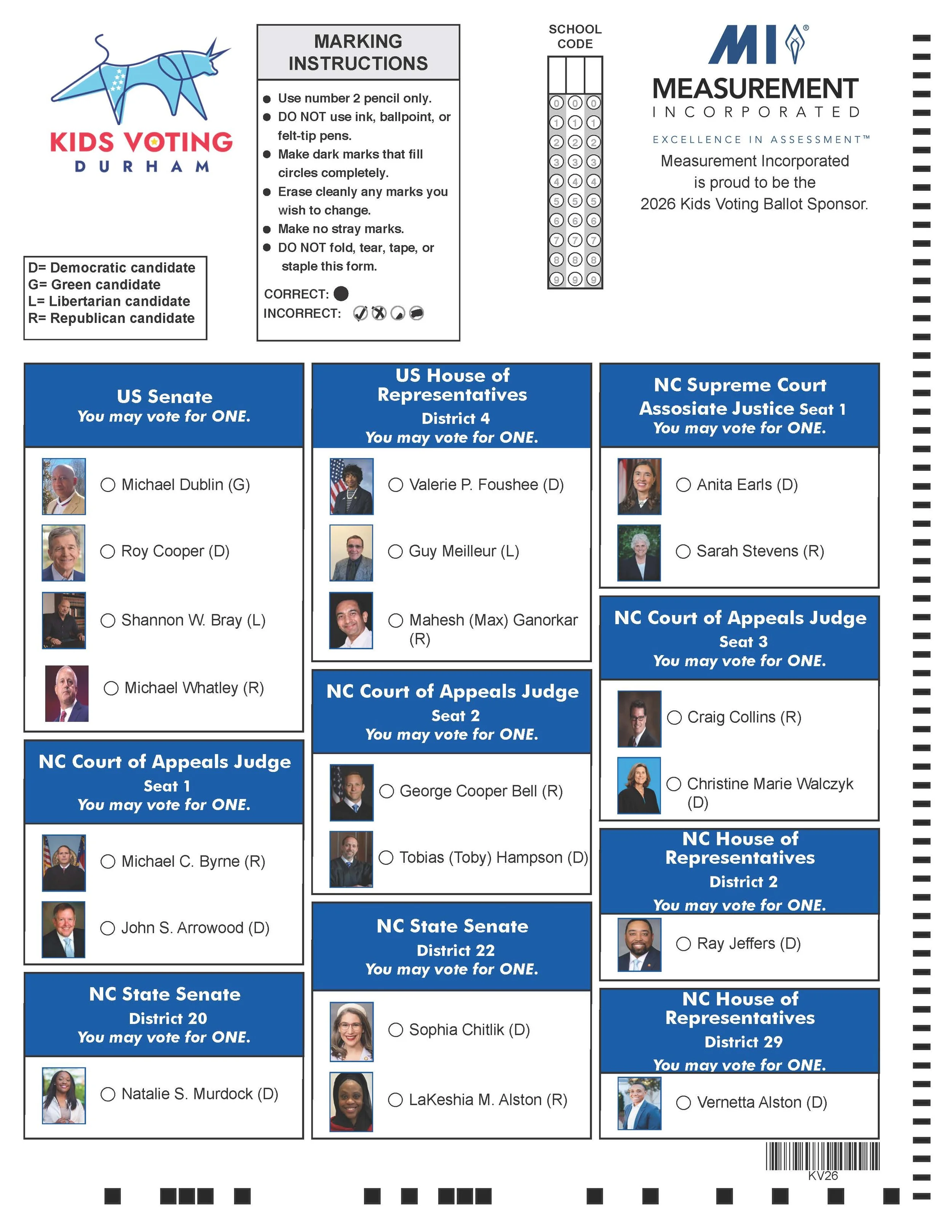 A list of who all is the the election, with there name and face picture, kids voting ballot.
