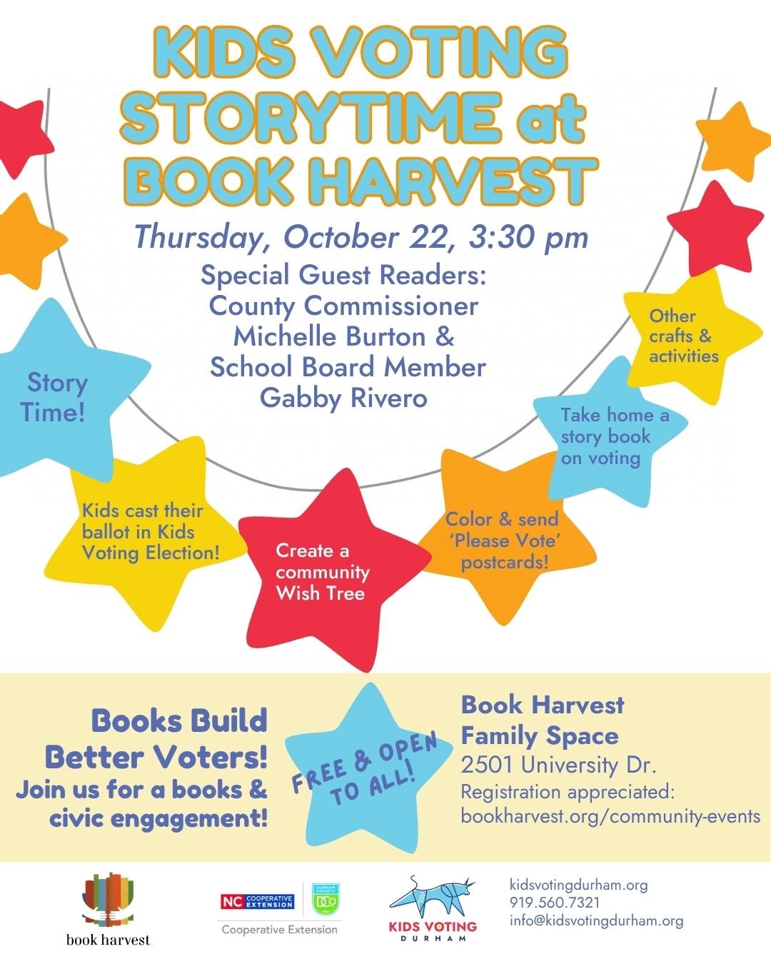 Event poster for "Kids Voting Storytime" with Book Harvest.