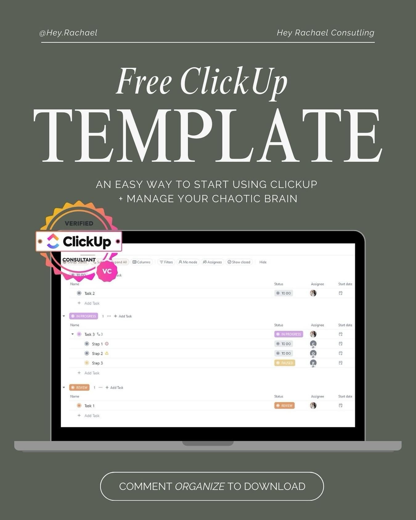 I MADE YOU SOMETHING COOL 👯&zwj;♀️
⠀⠀⠀⠀⠀⠀⠀⠀⠀
Intimidated by the robust awesome-ness Clickup can do? I hear you. 

⚡️Enter the only template you need to get started actually using the platform in less than 10 minutes.
⠀⠀⠀⠀⠀⠀⠀⠀⠀
If your brain feels li