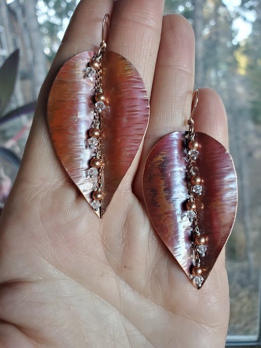 Boucles D'oreilles Artisanales En Filigrane De Cuivre Avec Cristaux - Pièce Unique Faite Main, Neuf Avec étiquettes