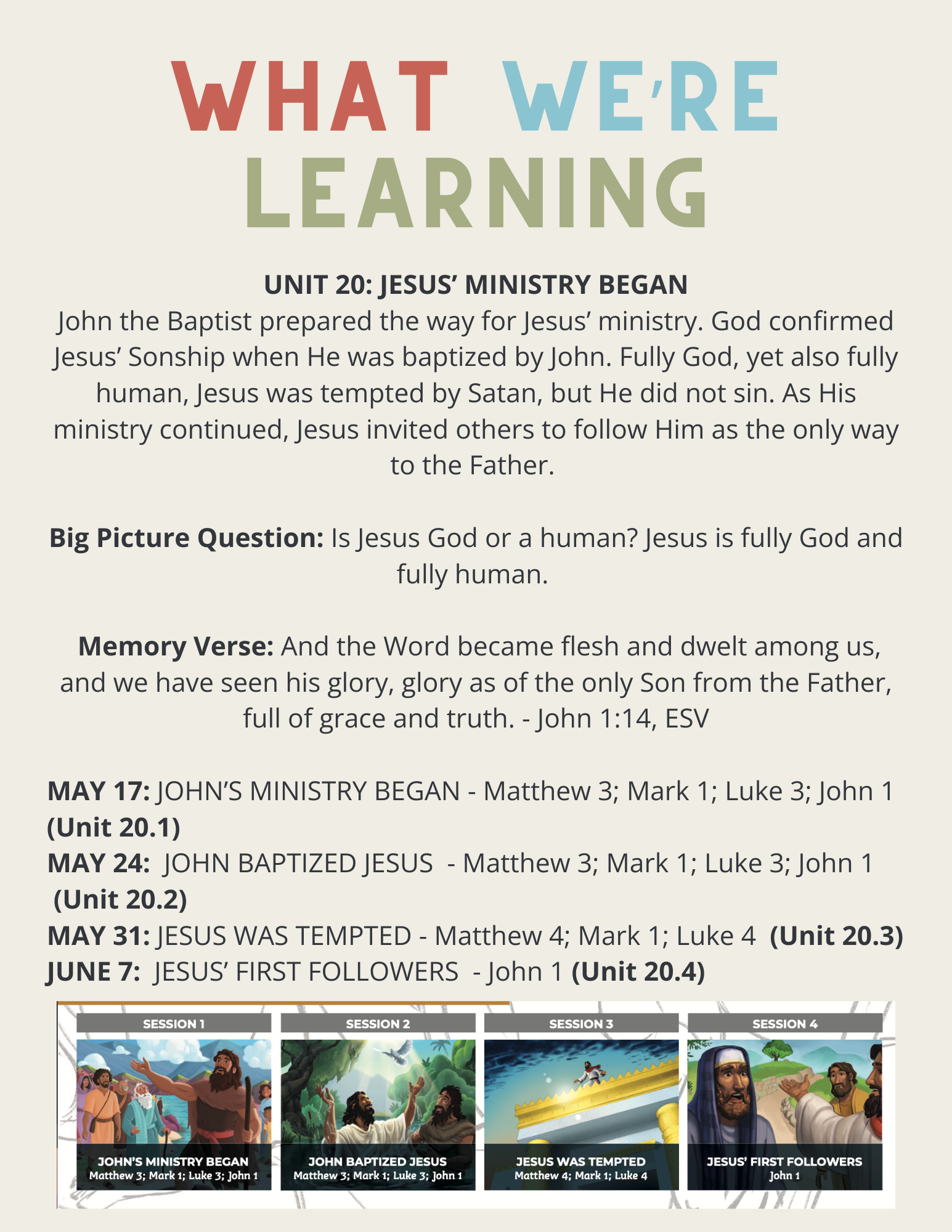 Calendar of Bible lessons, including topics like Jesus' Ministry Began, Baptized Jesus, Jesus Was Tempted, Jesus' First Followers, with corresponding dates and references, and illustrations of biblical scenes.