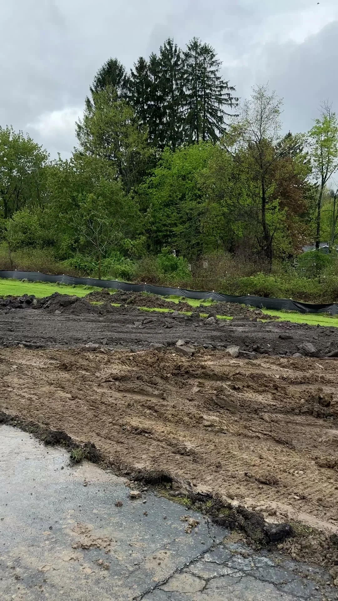 A muddy construction site with piles of dirt, tire tracks, and a black silt fence, with a background of green trees under a cloudy sky.