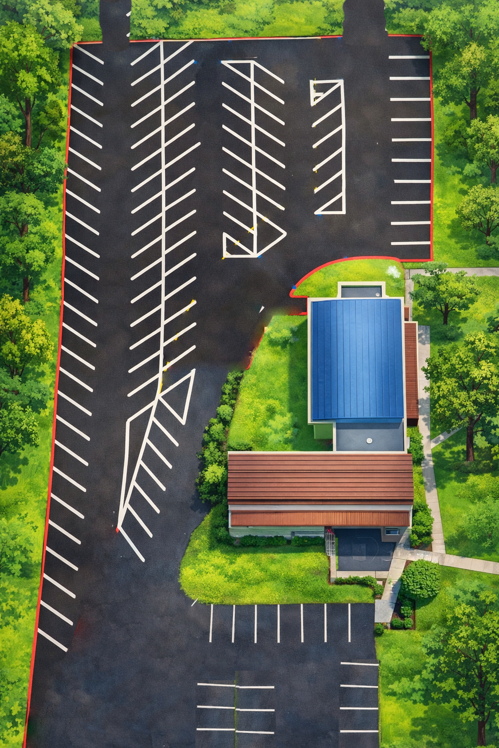A bird's eye view of a predominantly empty parking lot with white painted lines, surrounded by green trees and a building with a blue roof.