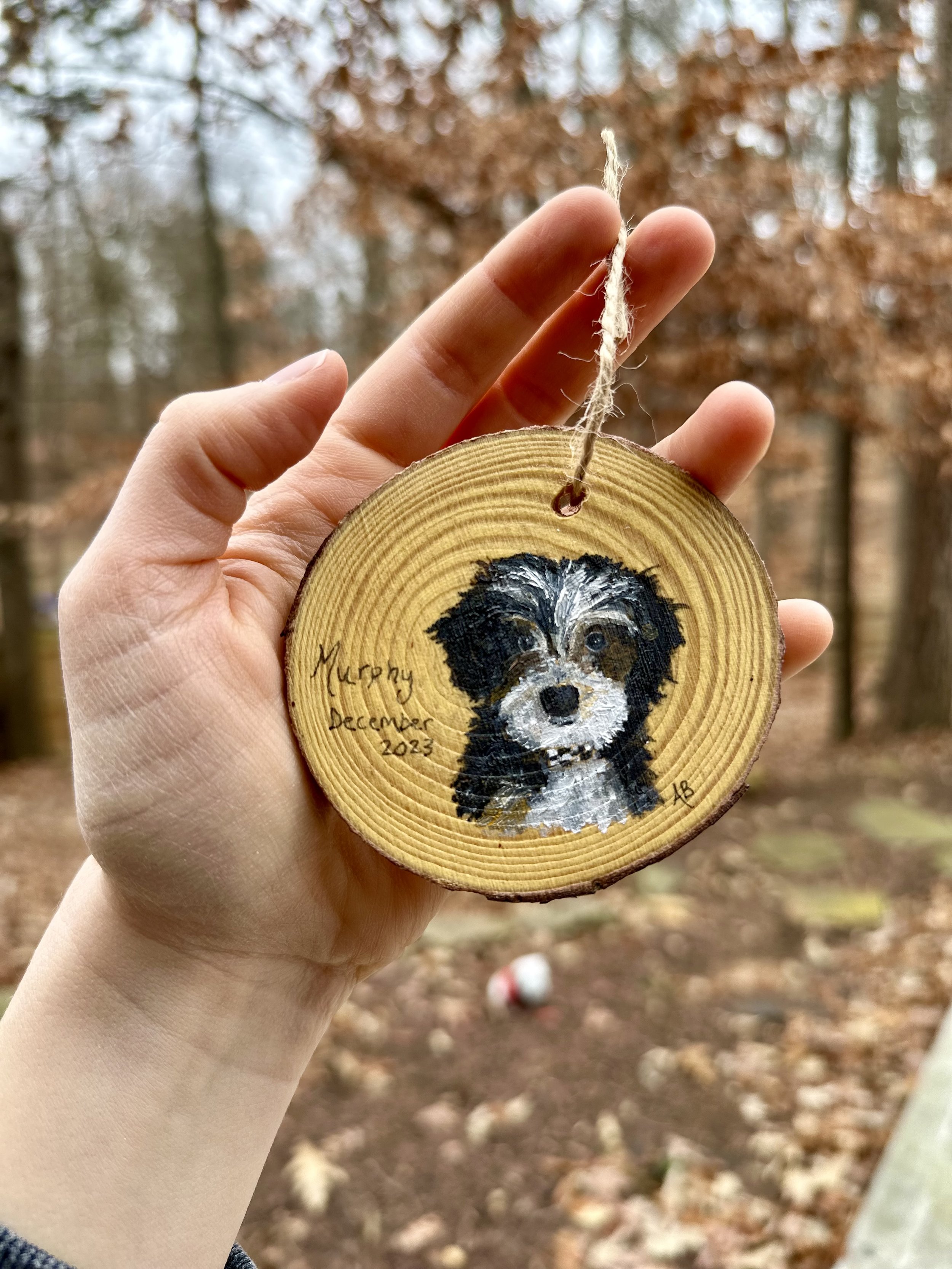 "Murphy", Pet Portrait Ornament, oil on wood, 3"