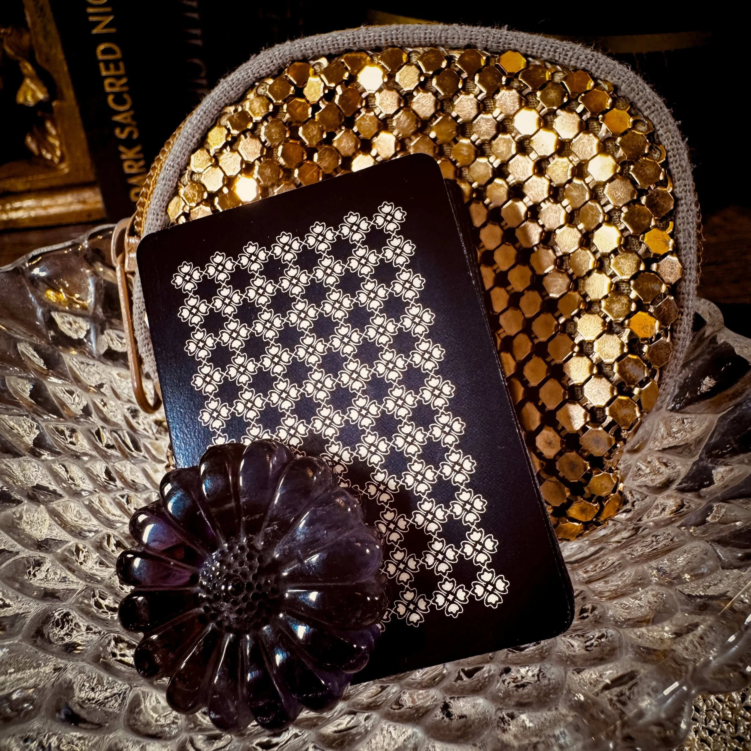 Where Your Deck Lives — Gold Mesh Pouch with Calaveras Mini Oracle Set