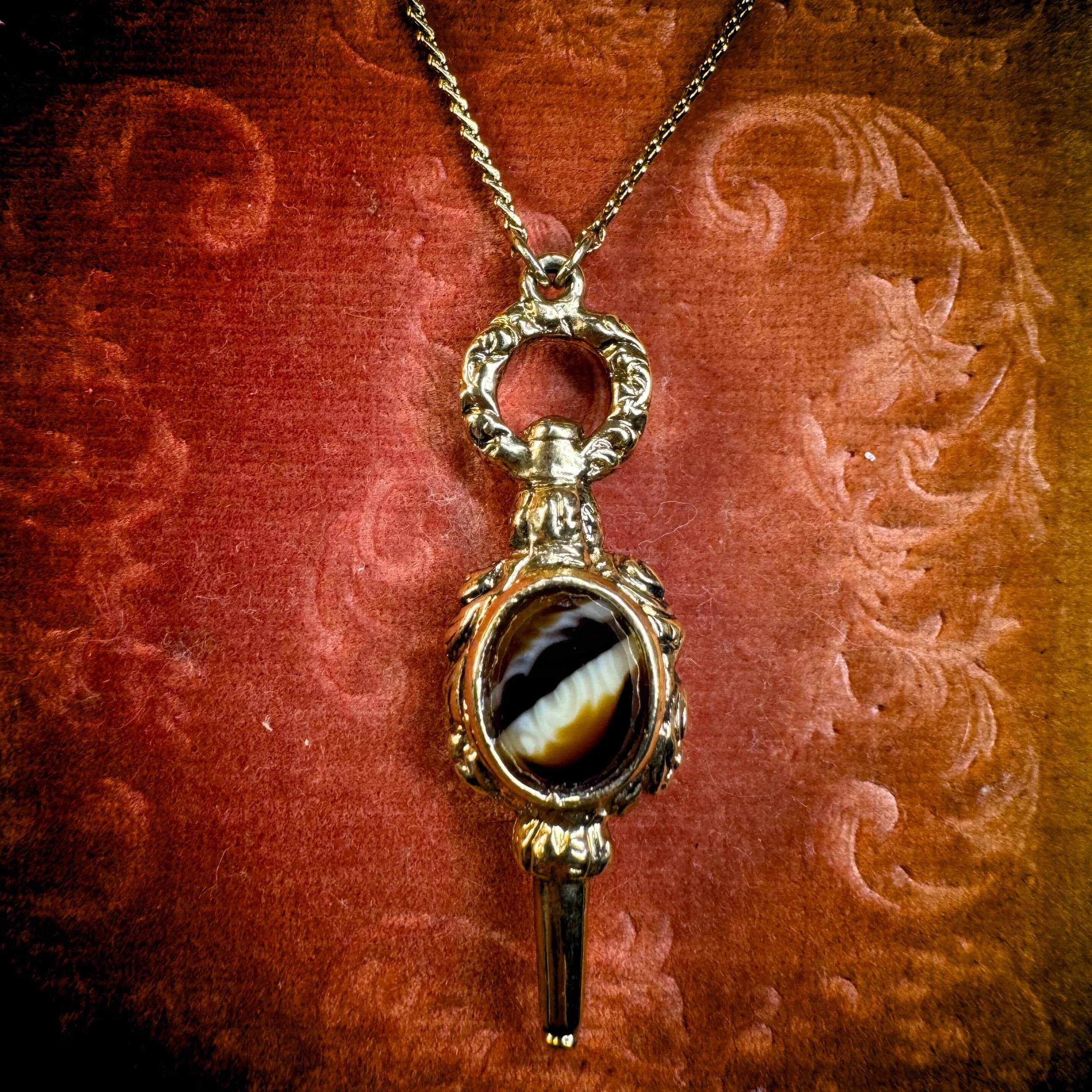 1928 Watch Key Fob Necklace – Banded Agate Pendant, Vintage Style