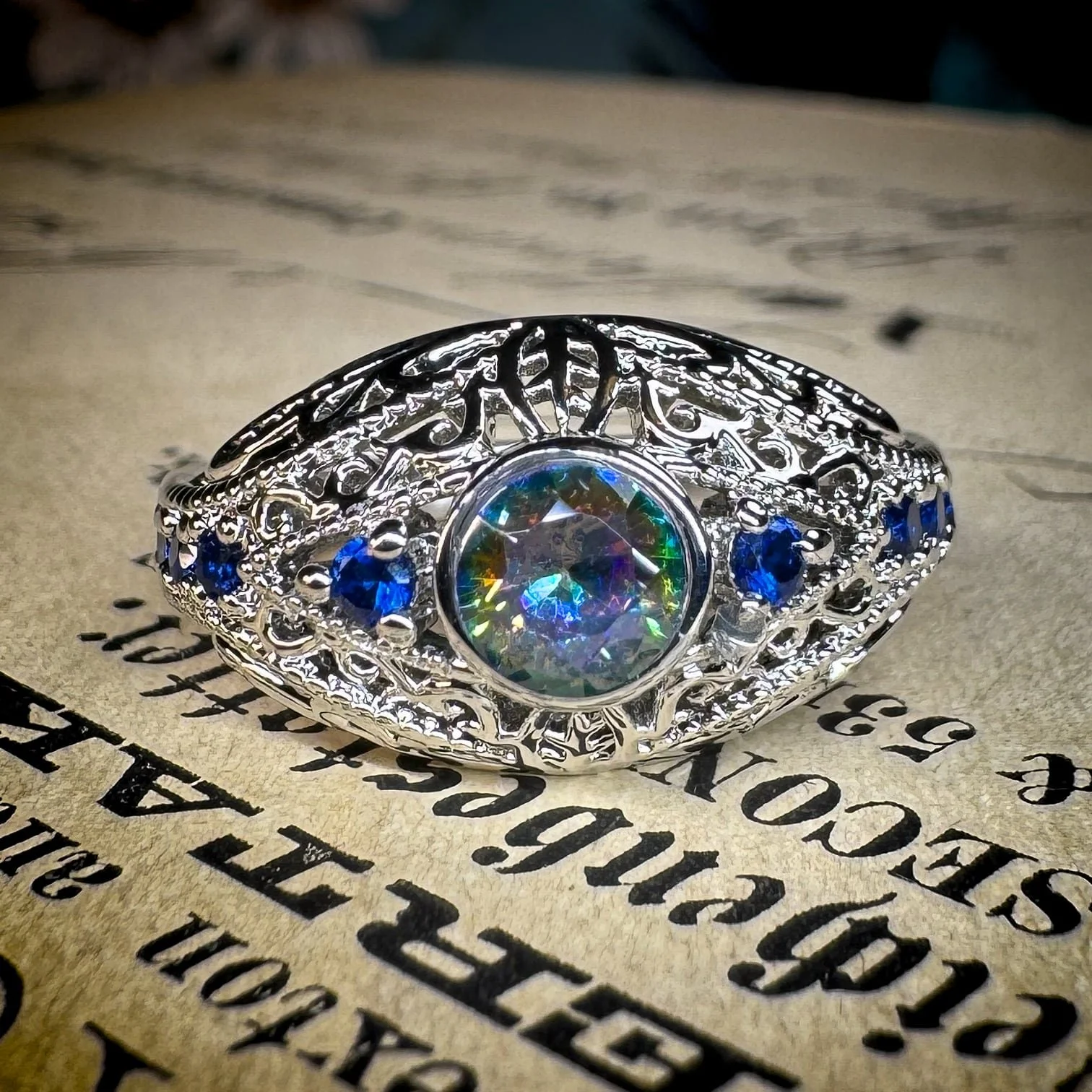 Mystic Stone Filigree Ring — Vintage-Style Silver-Tone