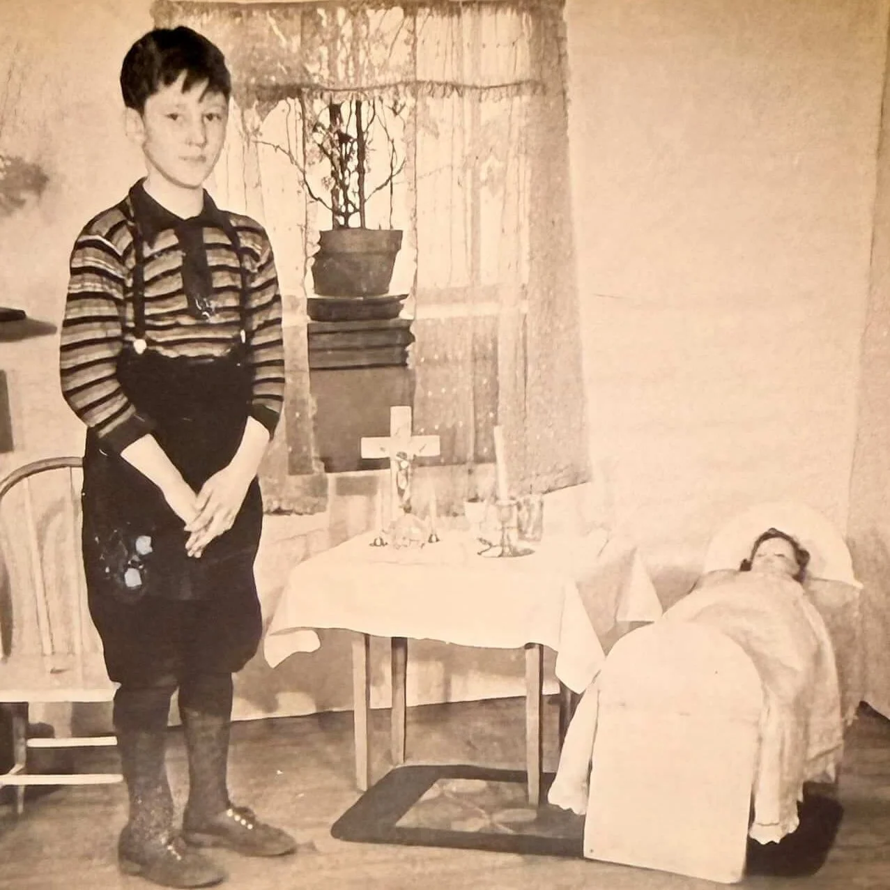 Vintage Real Photo Postcard Creepy Boy Bed Scene Oddity RPPC