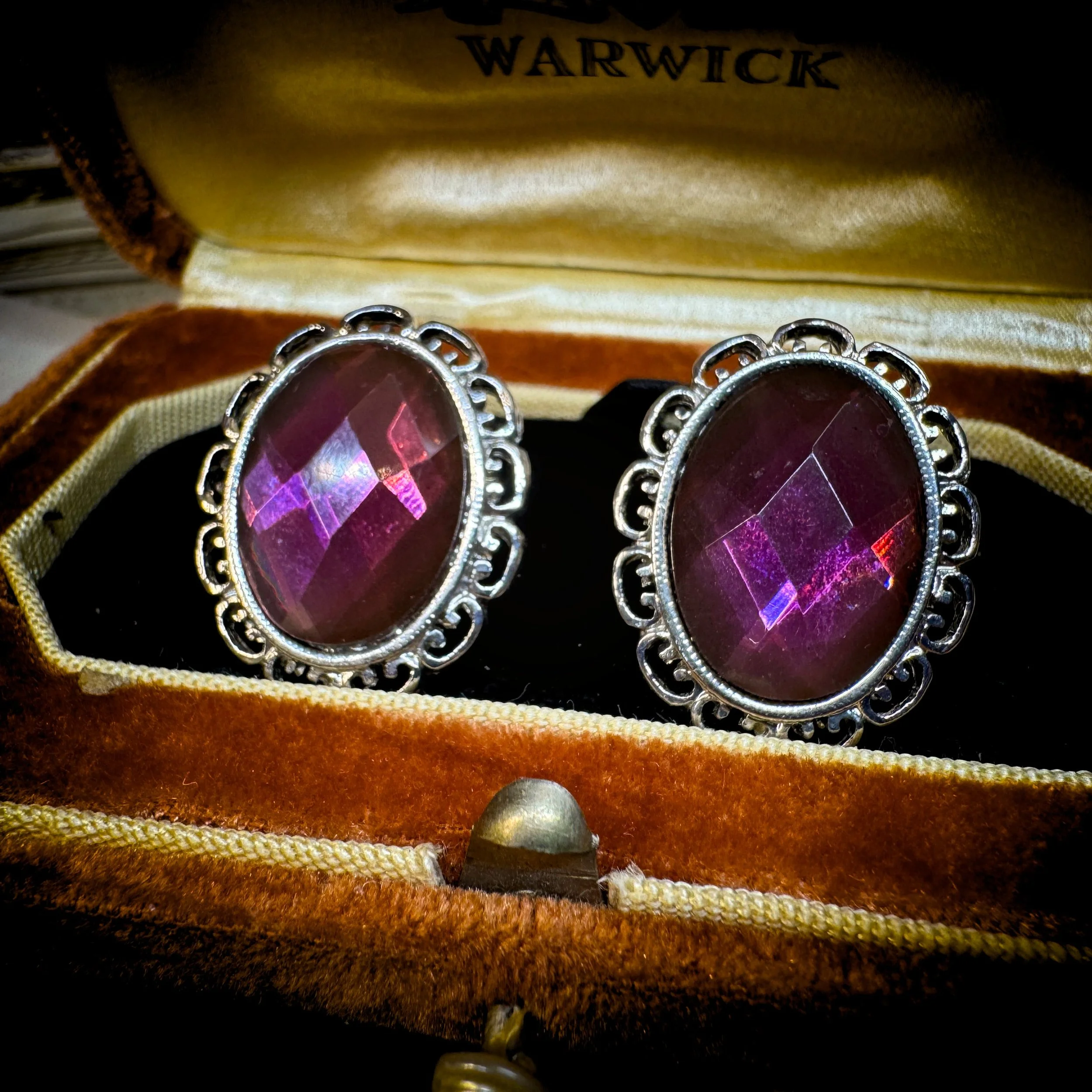 1928 Jewelry Faux Amethyst Button Earrings — Victorian Style Filigree