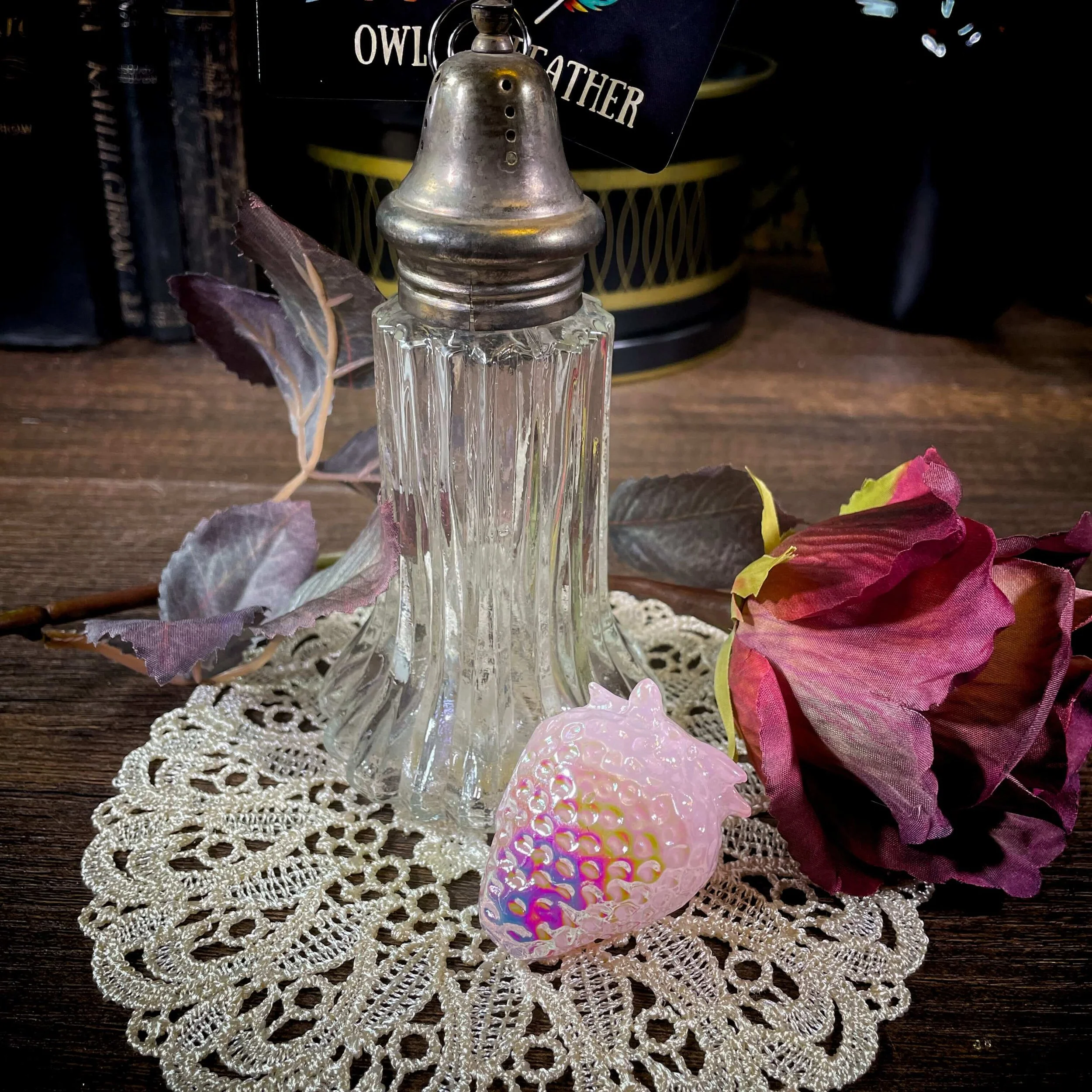Vintage Silver Plate Card Holder + Aura Rose Quartz Strawberry