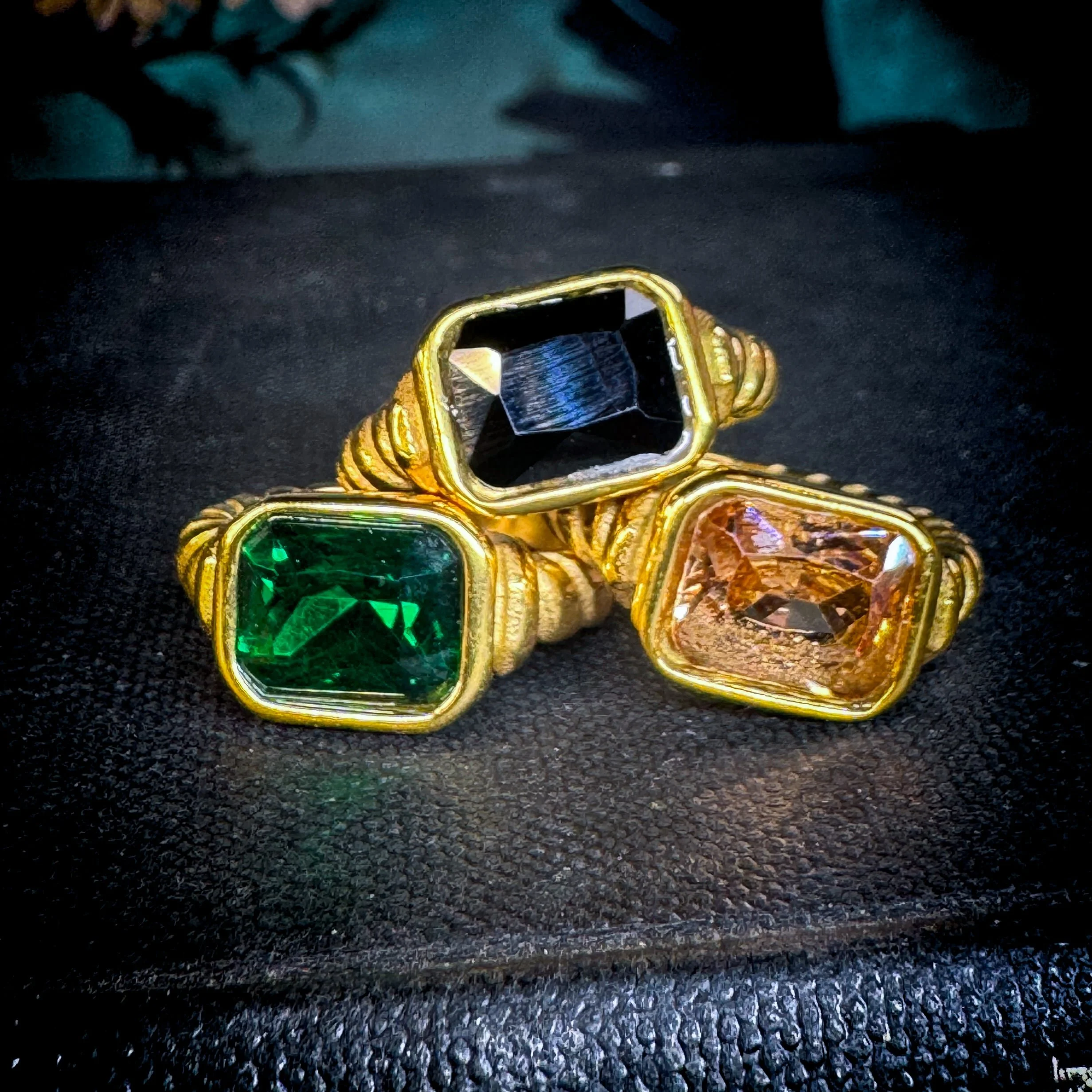 Twisted Spiral Ring — Emerald-Cut Stone, 18K Gold Plated