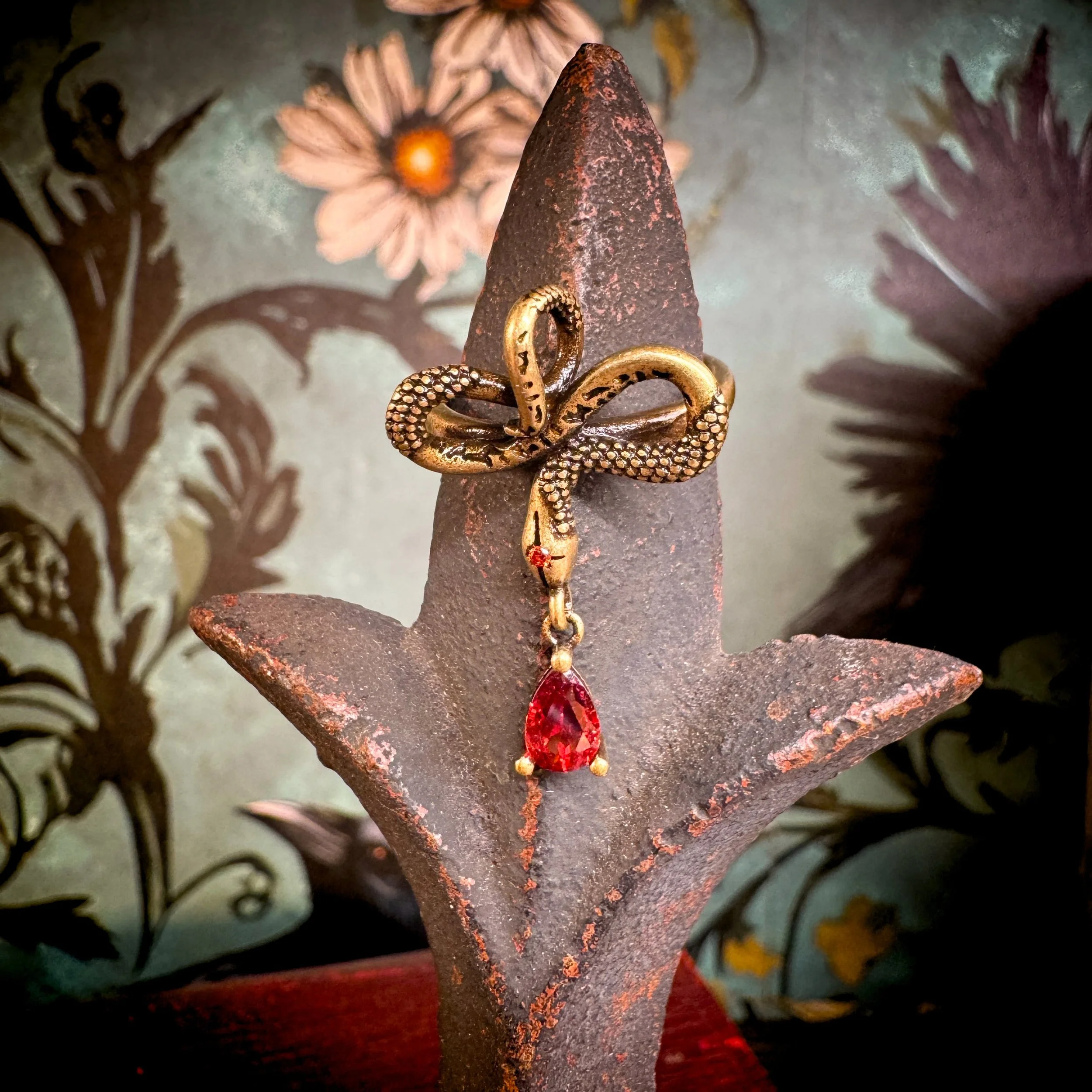 Snake Ring with Red Dangling Crystal