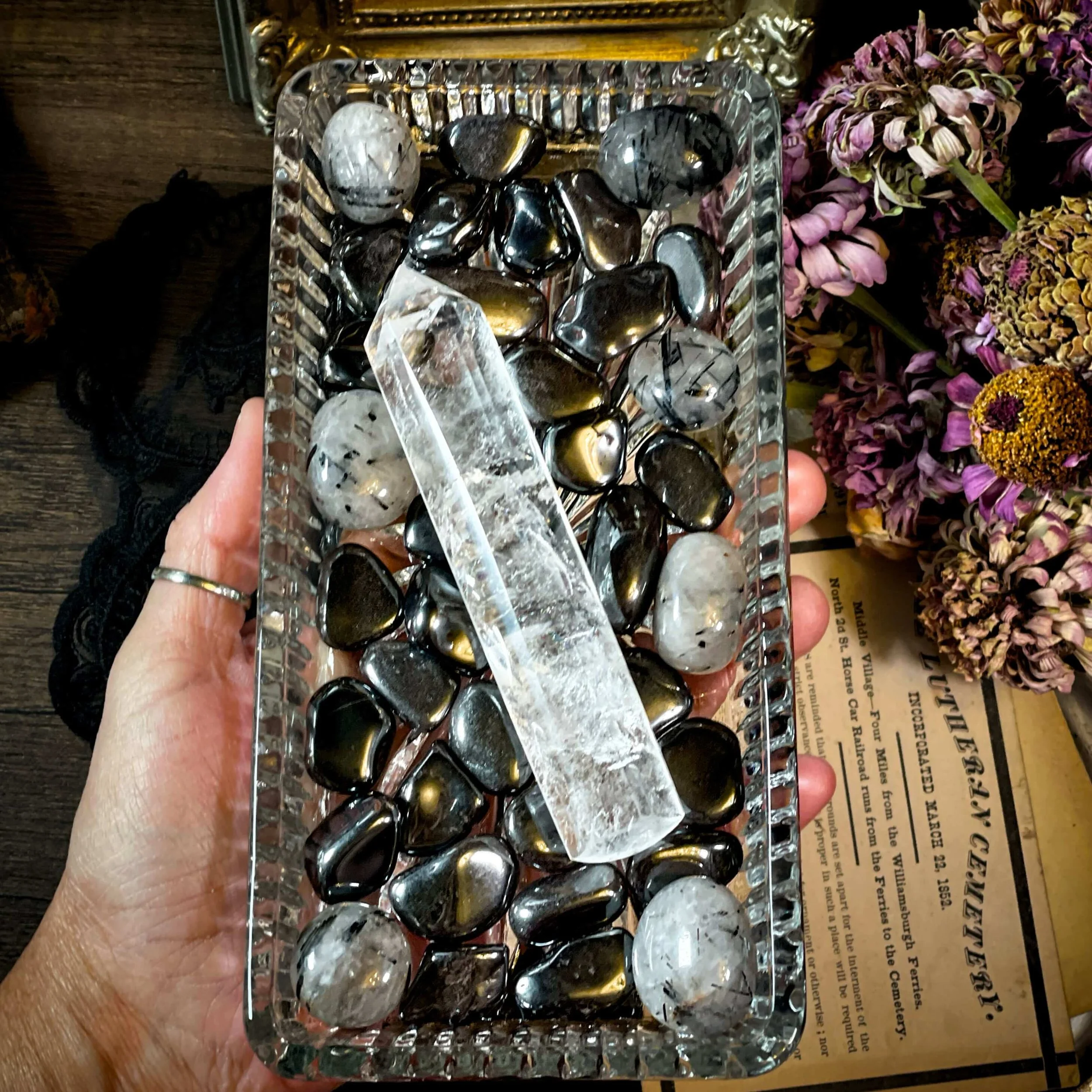 Grounded Clarity Ritual Tray — Hematite, Tourmalinated Quartz & Clear Quartz Wand