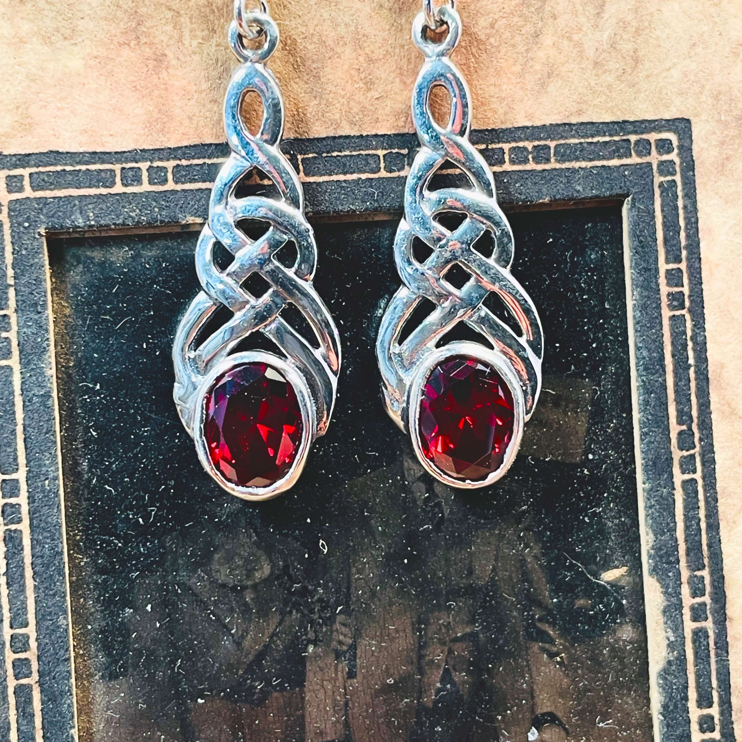 Sterling Silver Celtic Knot Earrings with Garnet โ Vitality & Inner Flame