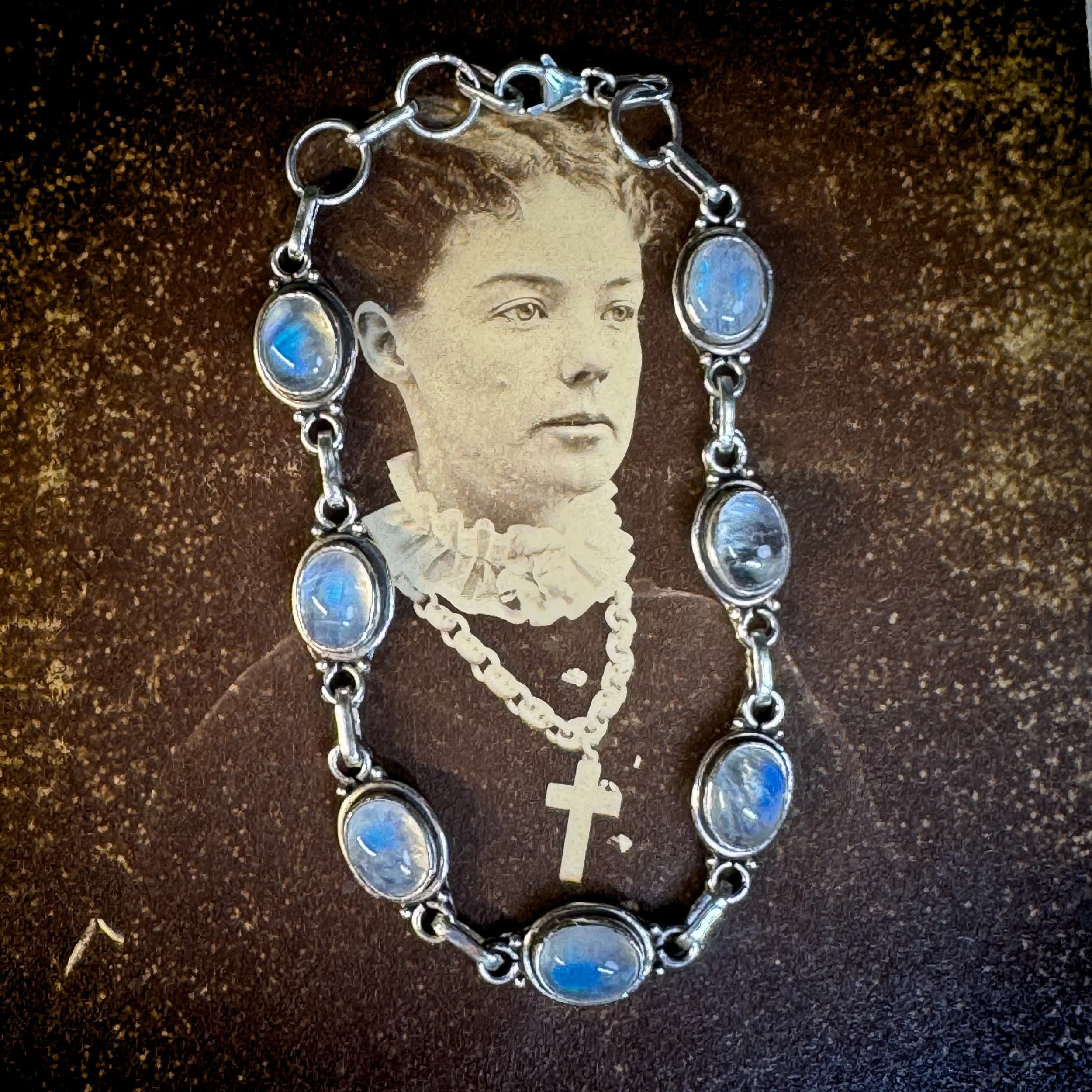 Sterling Moonstone Bracelet — Stunning Blue Flash, 8 Stone Link
