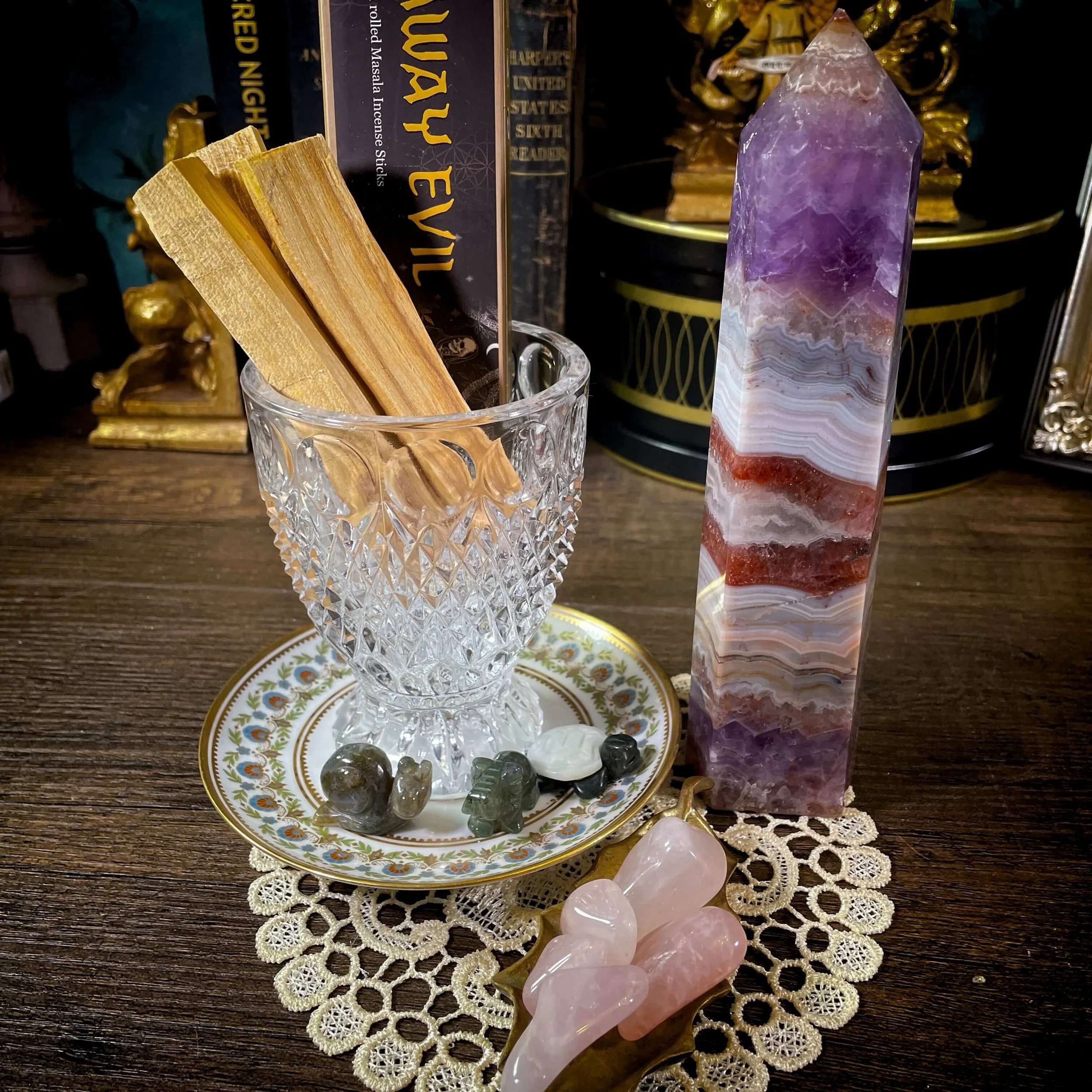 The Ground & Glow Ritual Set — Palo Santo, Crystal Tower & Vintage Glass Intention Setup