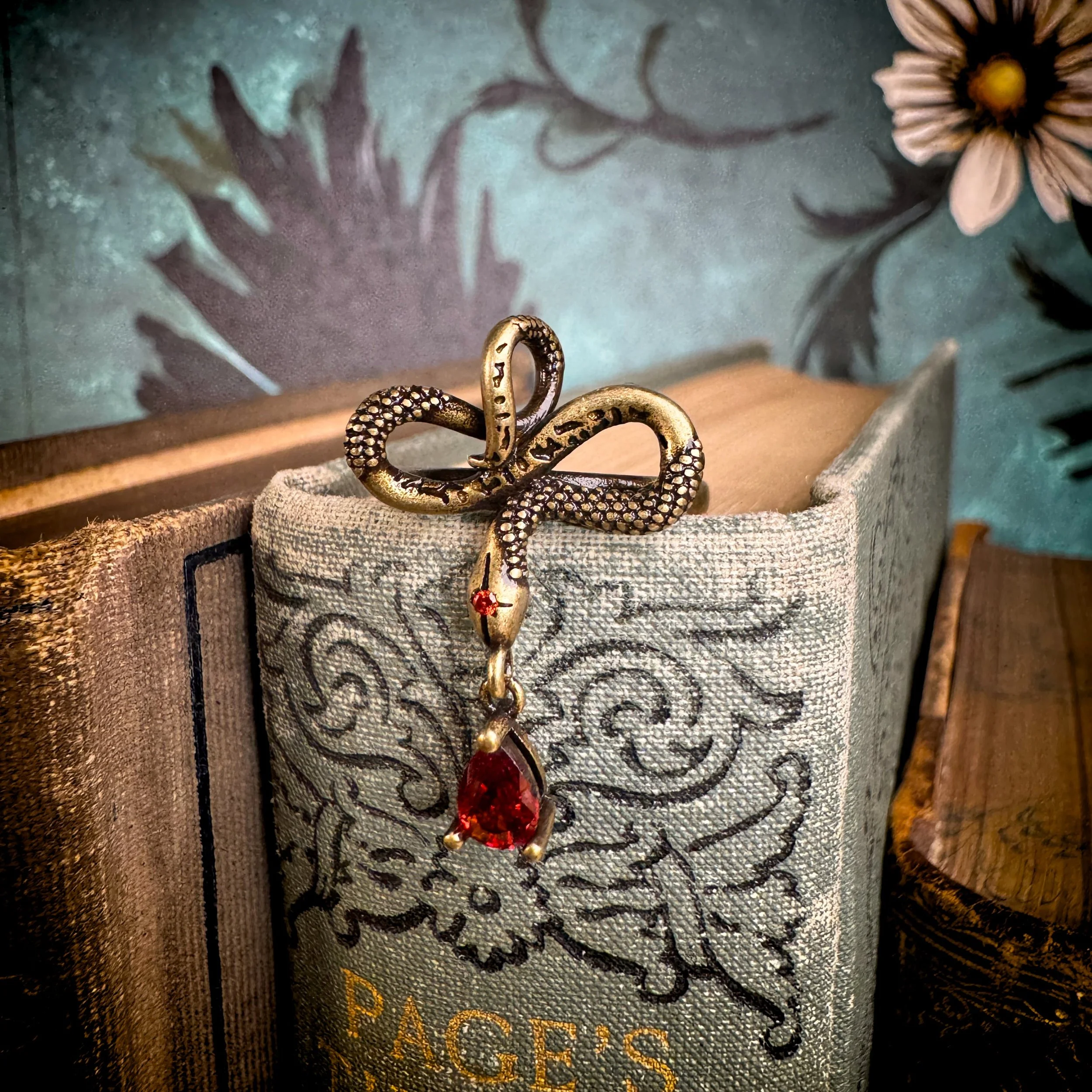 Bronze Red Rhinestone Snake Ring Adj 2.jpg