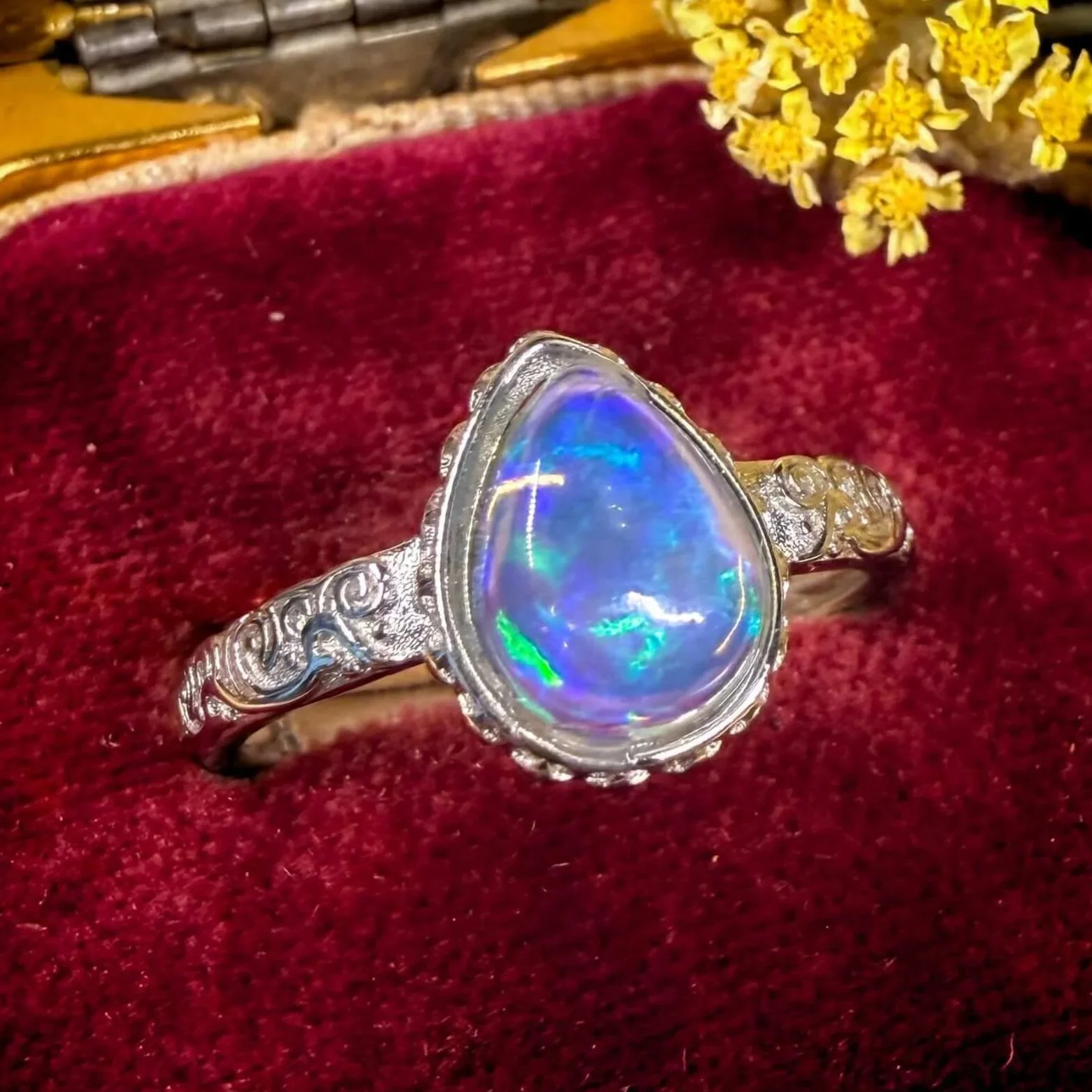 Trust the Weird Little Feeling Ring (8) | Blue Ethiopian Opal White Bronze