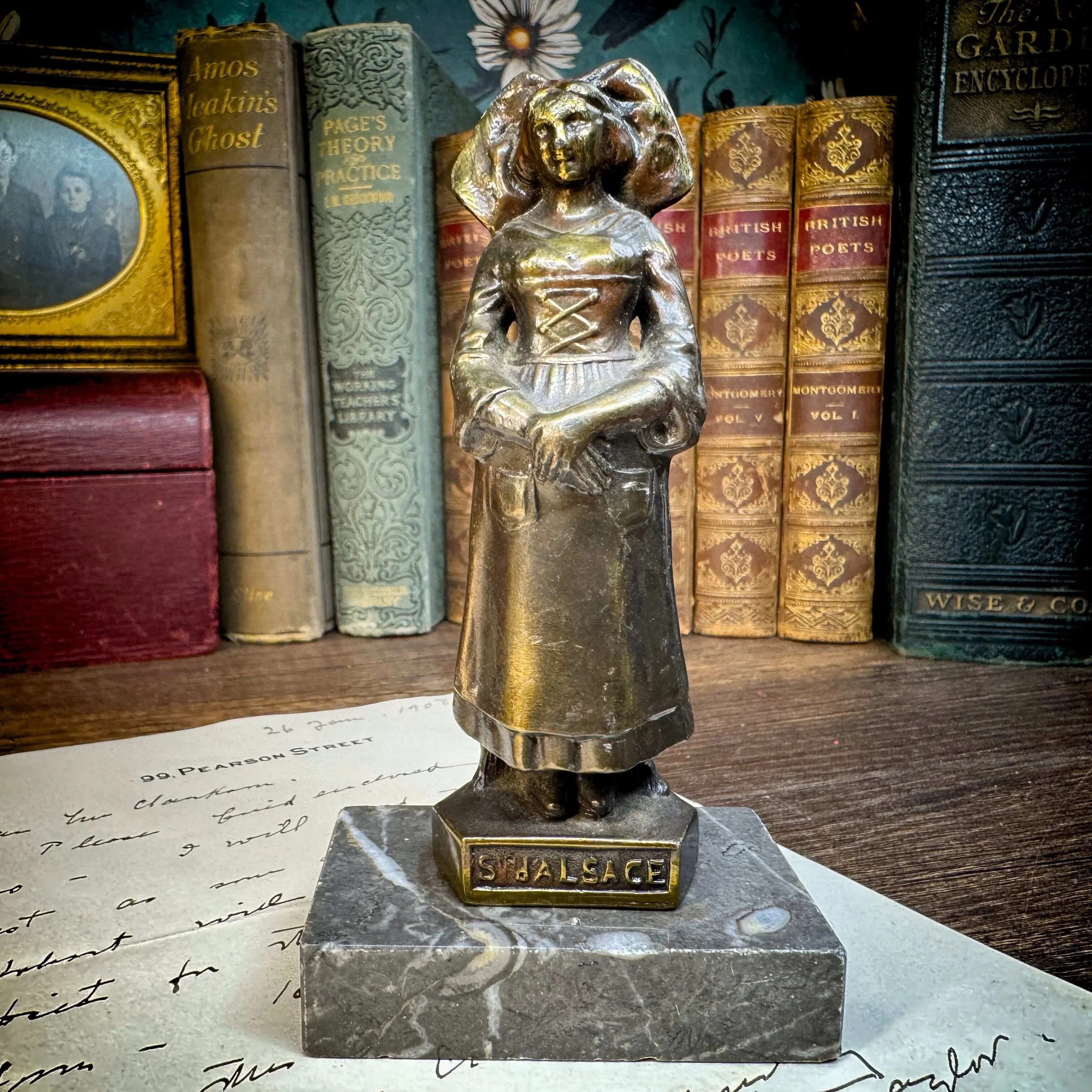 Vintage Alsace Woman Statue – Bronze-Tone Figure on Marble Base