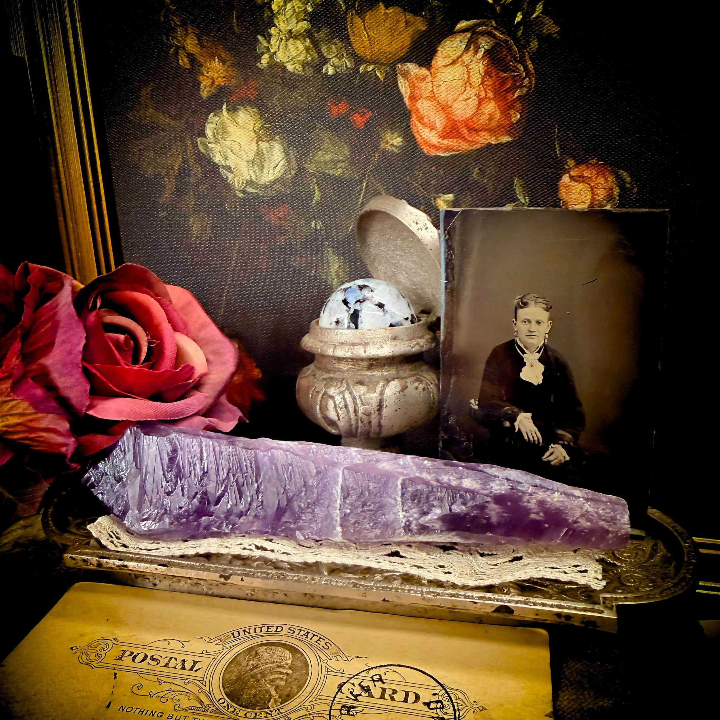 Vintage Inkwell Divination Set with Bahia Amethyst Wand and Moonstone Sphere