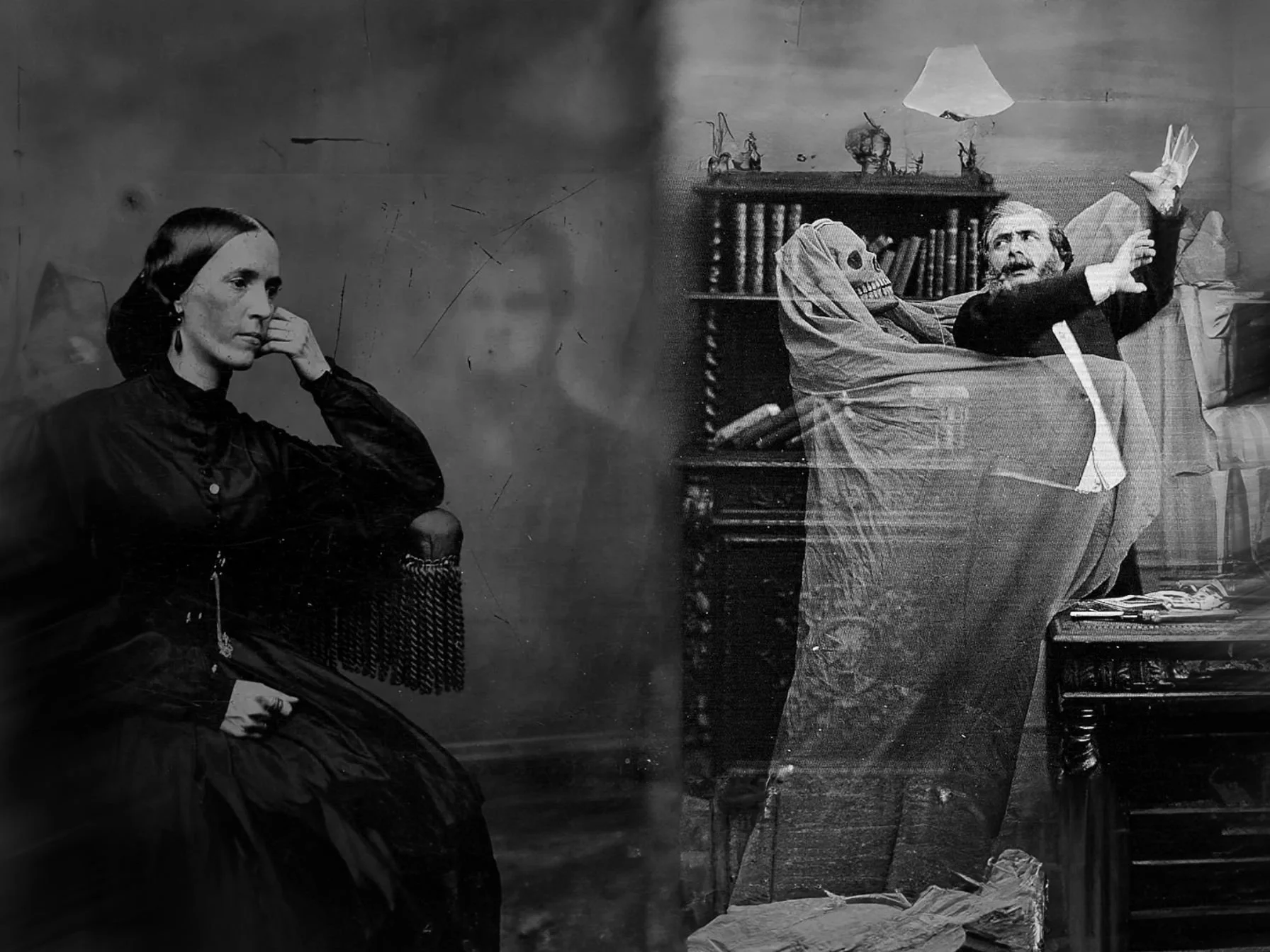 A woman sitting on a chair on the left, and a man in a sweater with a skull pillow, gesturing animatedly on the right in a room with shelves and a lamp.