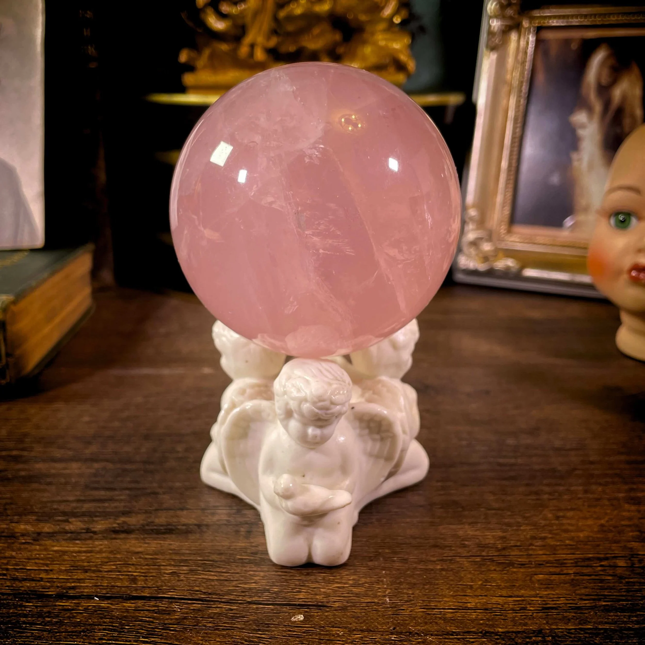 Rose Quartz Sphere with Vintage Angel & English Bell 9.jpg