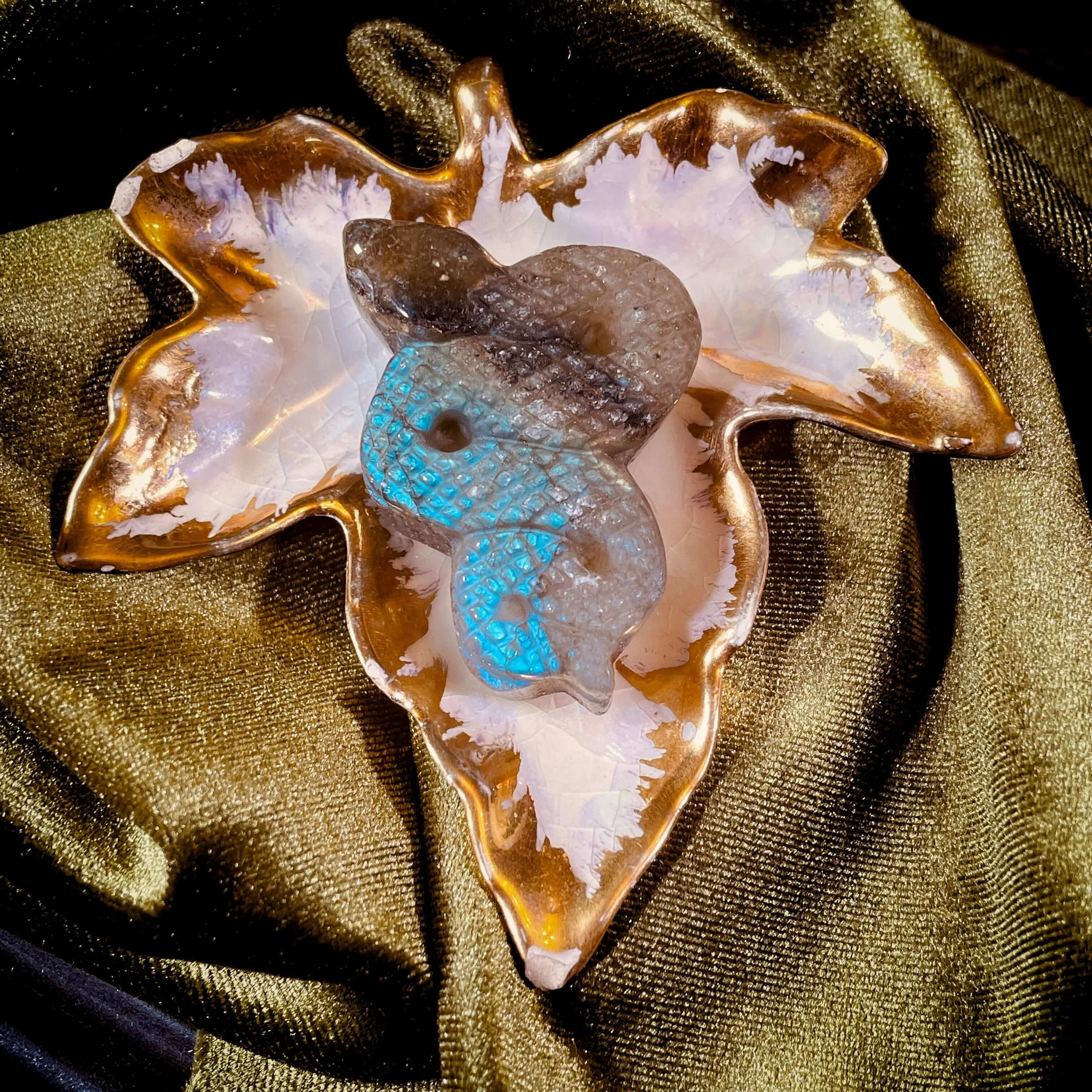 Shedding Old Skin — Vintage Iridescent Leaf Dish with Labradorite Snake