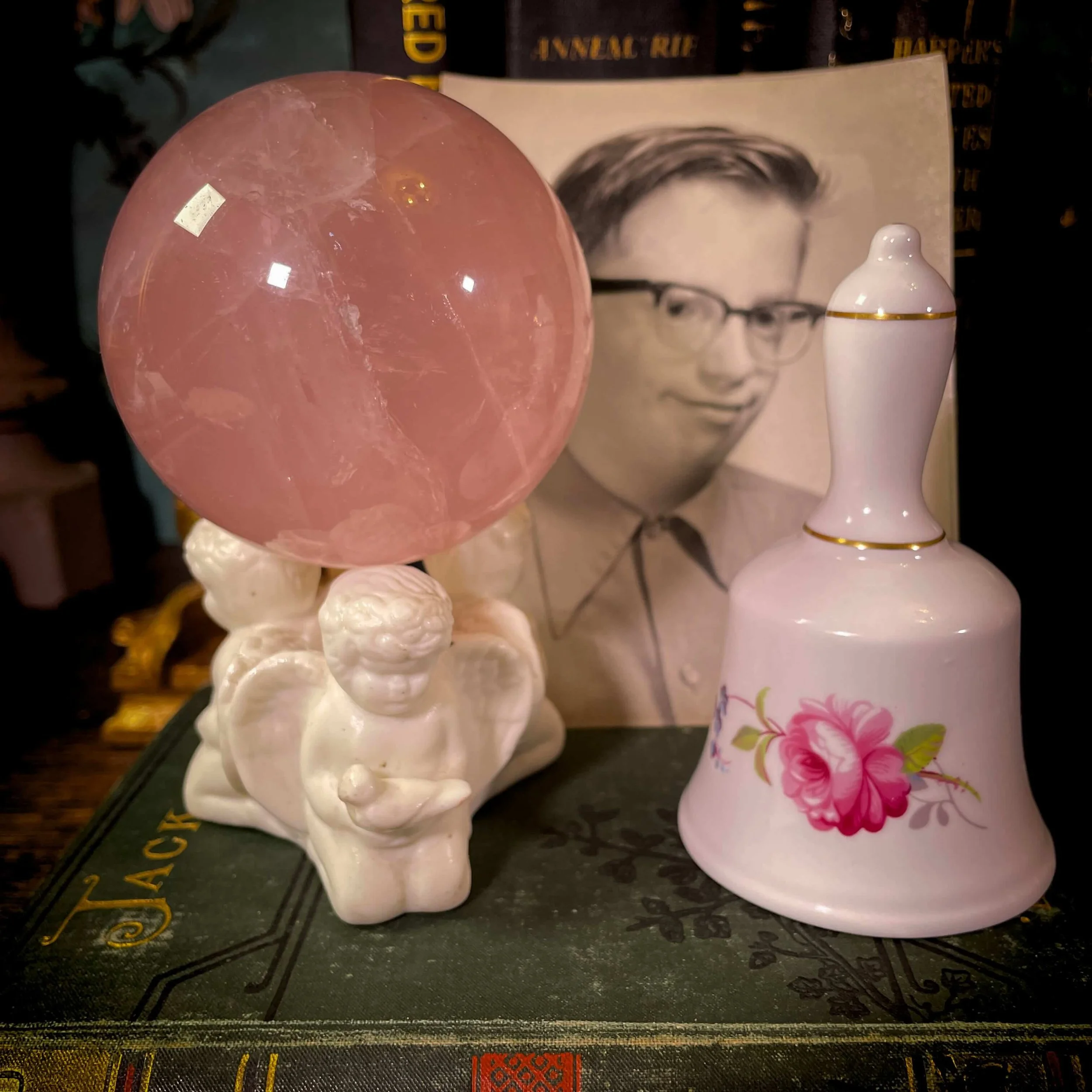 Rose Quartz Sphere with Vintage Angel & English Bell 16.jpg