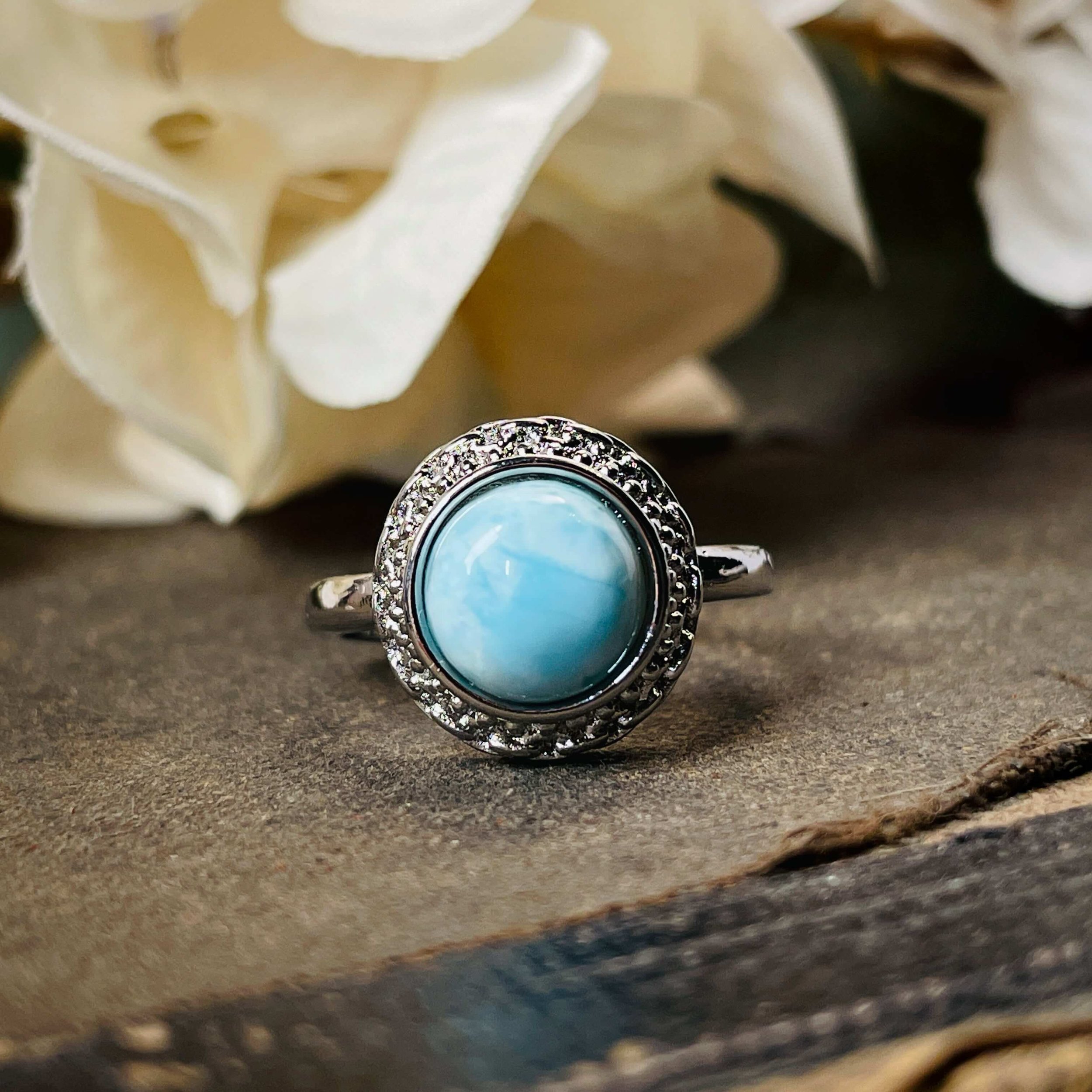 Adjustable Larimar Ring for Tranquility, Emotional Healing, and Divine Connection