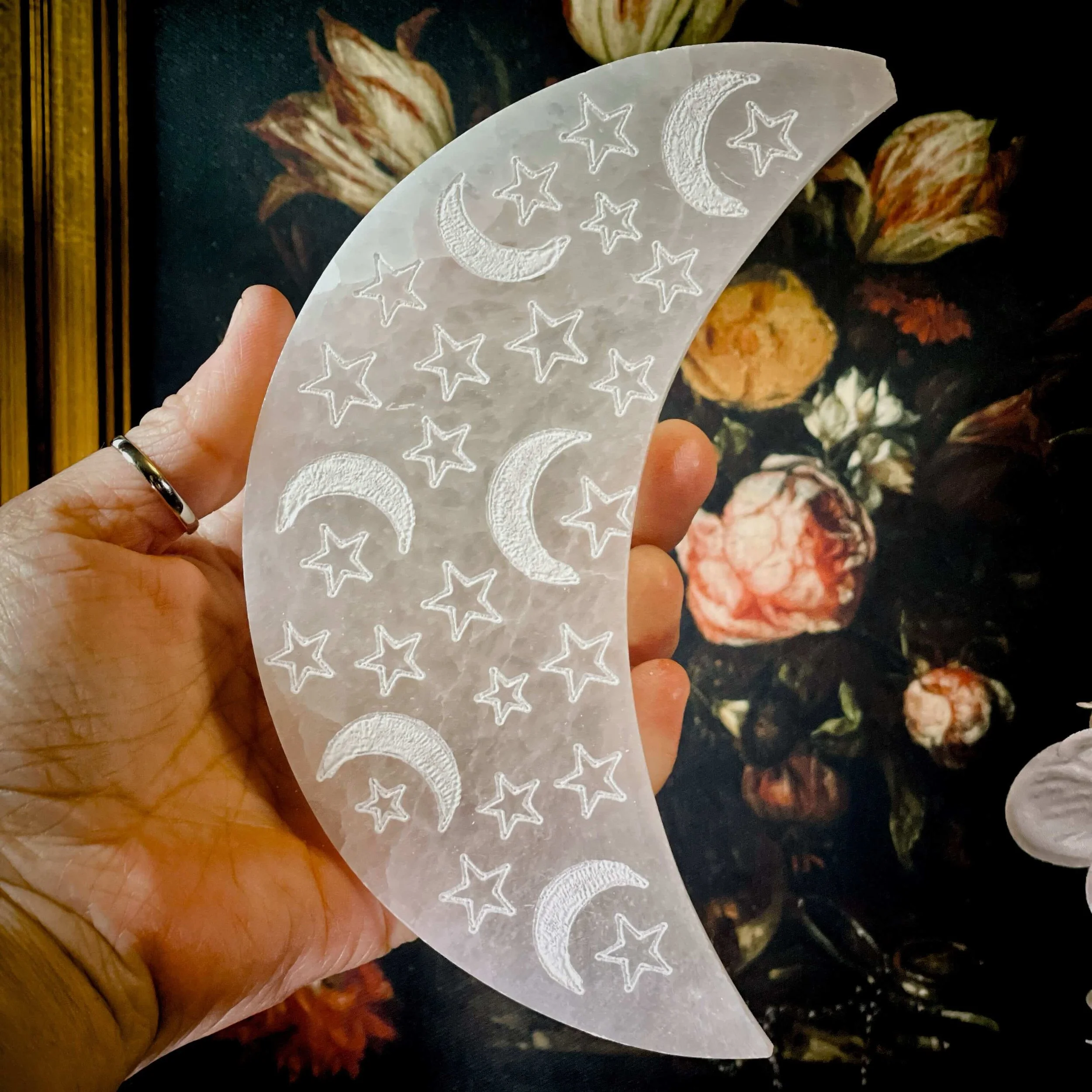 Selenite Charging Plate with Moon & Stars