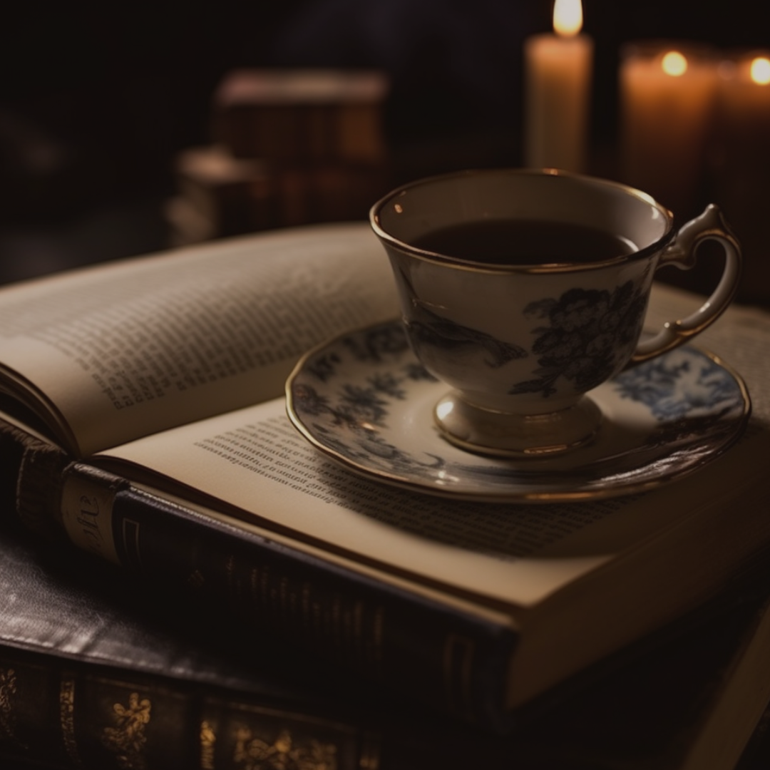 A cup of coffee on an open book with candlelight in the background.