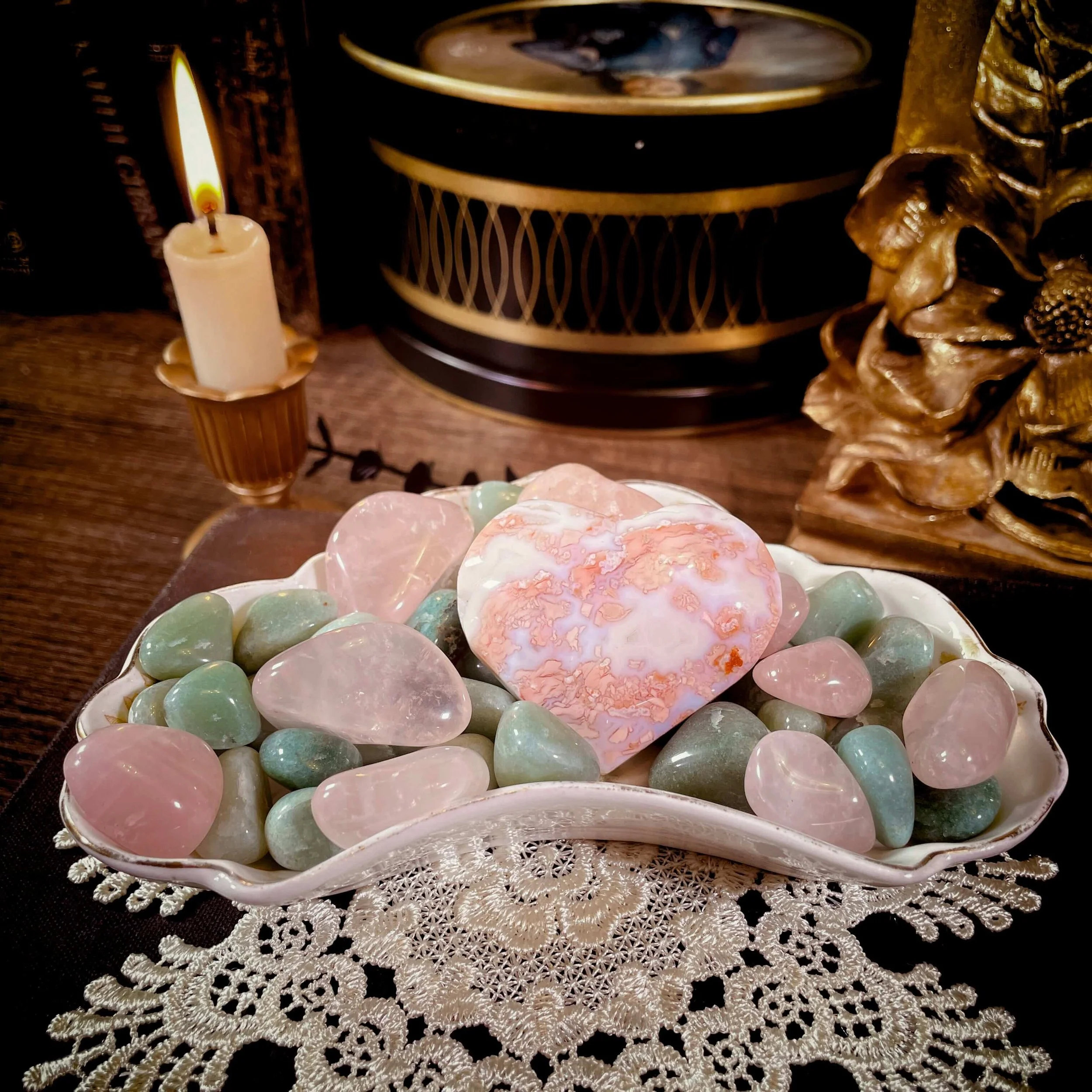 Antique Crescent Dish with Rose Quartz & Aventurine