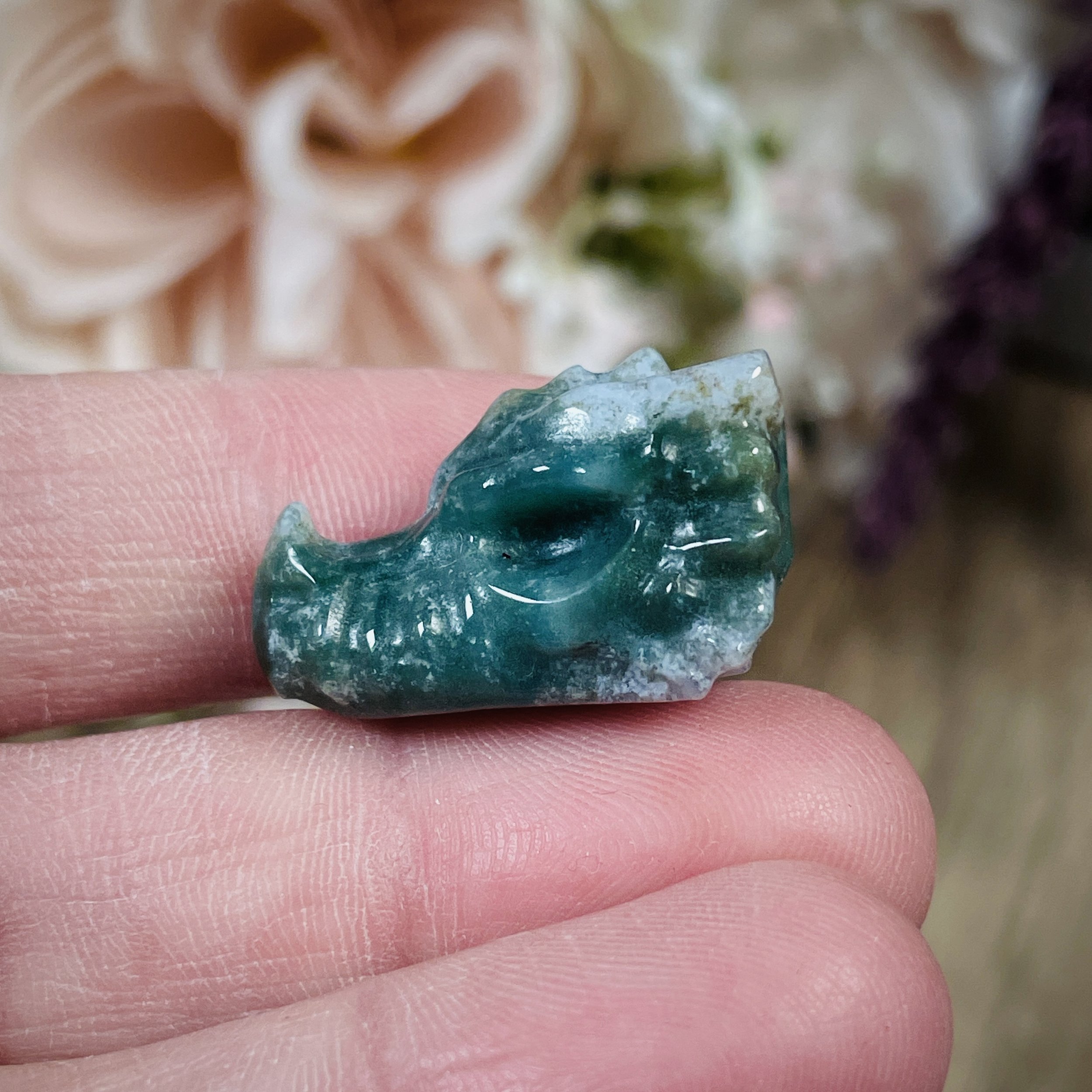 Moss Agate Mini Dragon Head โ Ancient Wisdom & Grounding Energy