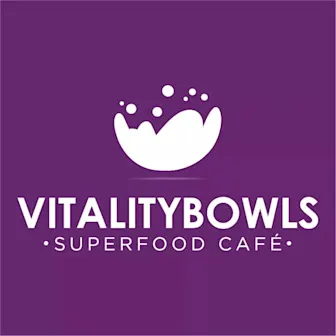 Logo for Vitality Bowls Superfood Café featuring a white bowl with bubbles on a purple background.