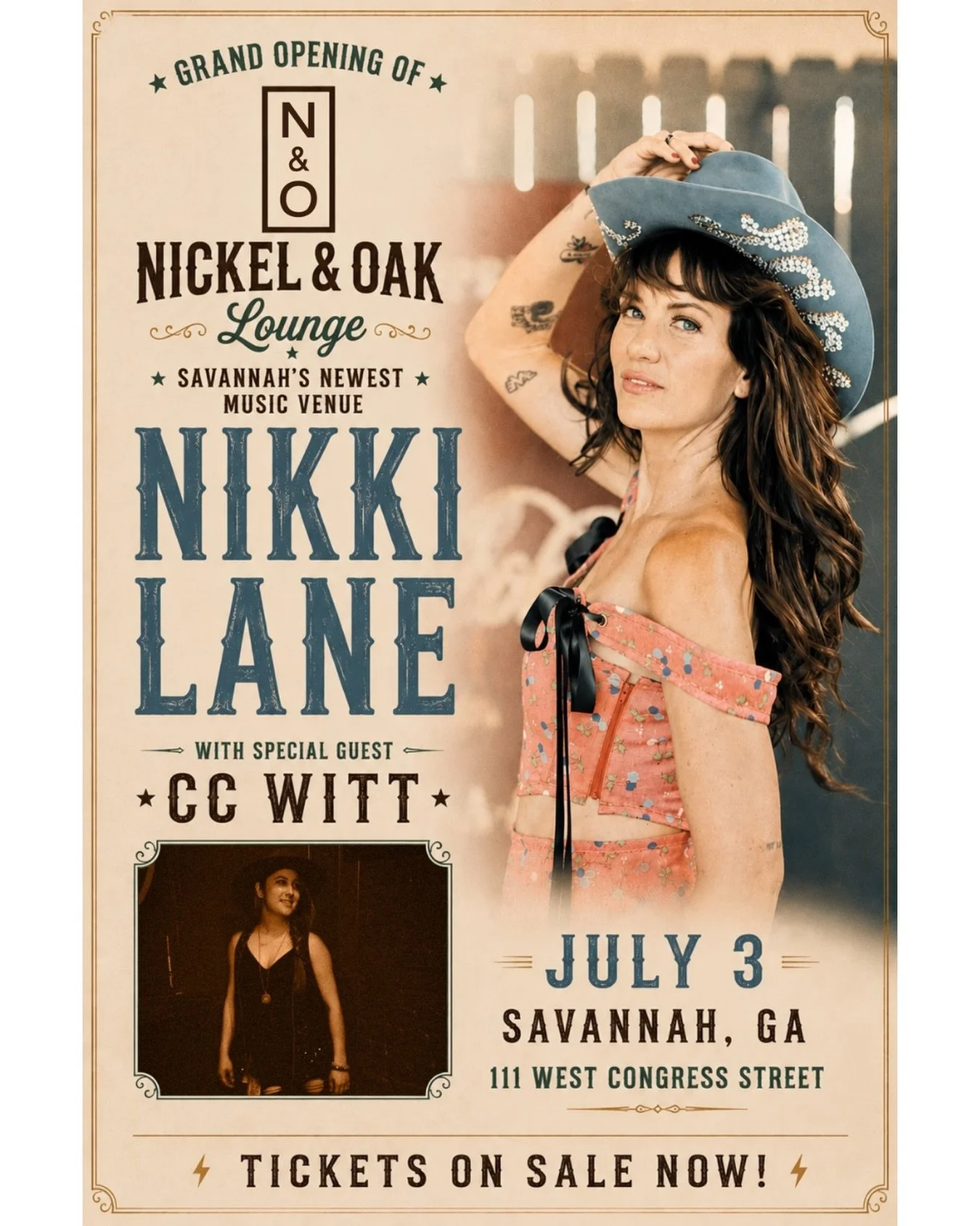 ⚡️THIS JUST IN!! 

I&rsquo;ll be opening for @nikkilane77 at the GRAND OPENING of Savannah&rsquo;s newest music venue, Nickel &amp; Oak Lounge.
July 3! Ticket link in bio!

Let&rsquo;s gooooooo! 🔥

#nikkilane #nickelandoaklounge #americana