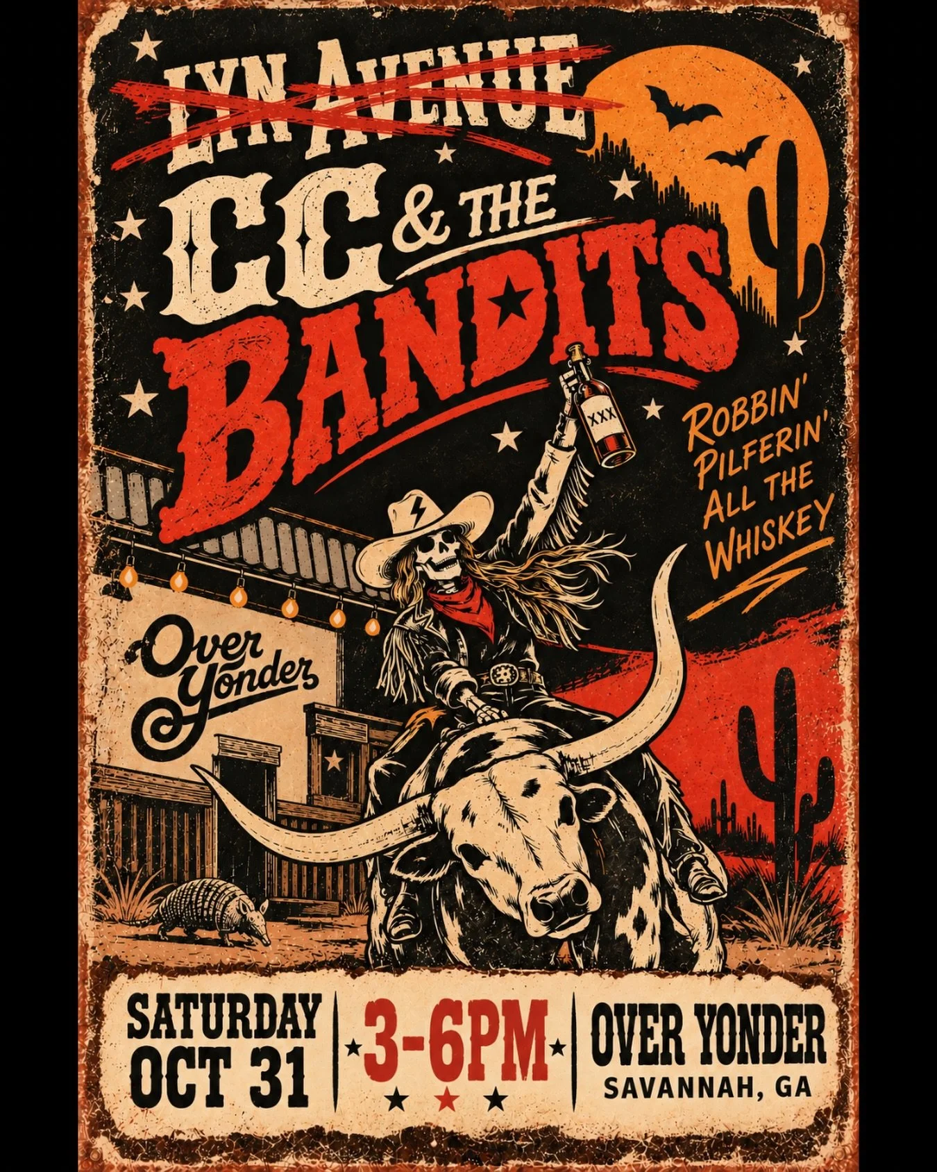☠️ WANTED: DEAD OR DRUNK. 🤠🥃

Well, well, well&hellip; looks like the ghosts of @lynavenue are back to haunt Over Yonder. 👻

Round up your outlaws and saddle up for a rowdy Halloween honky-tonk with CC &amp; THE BANDITS. Dead outlaw anthems, whisk