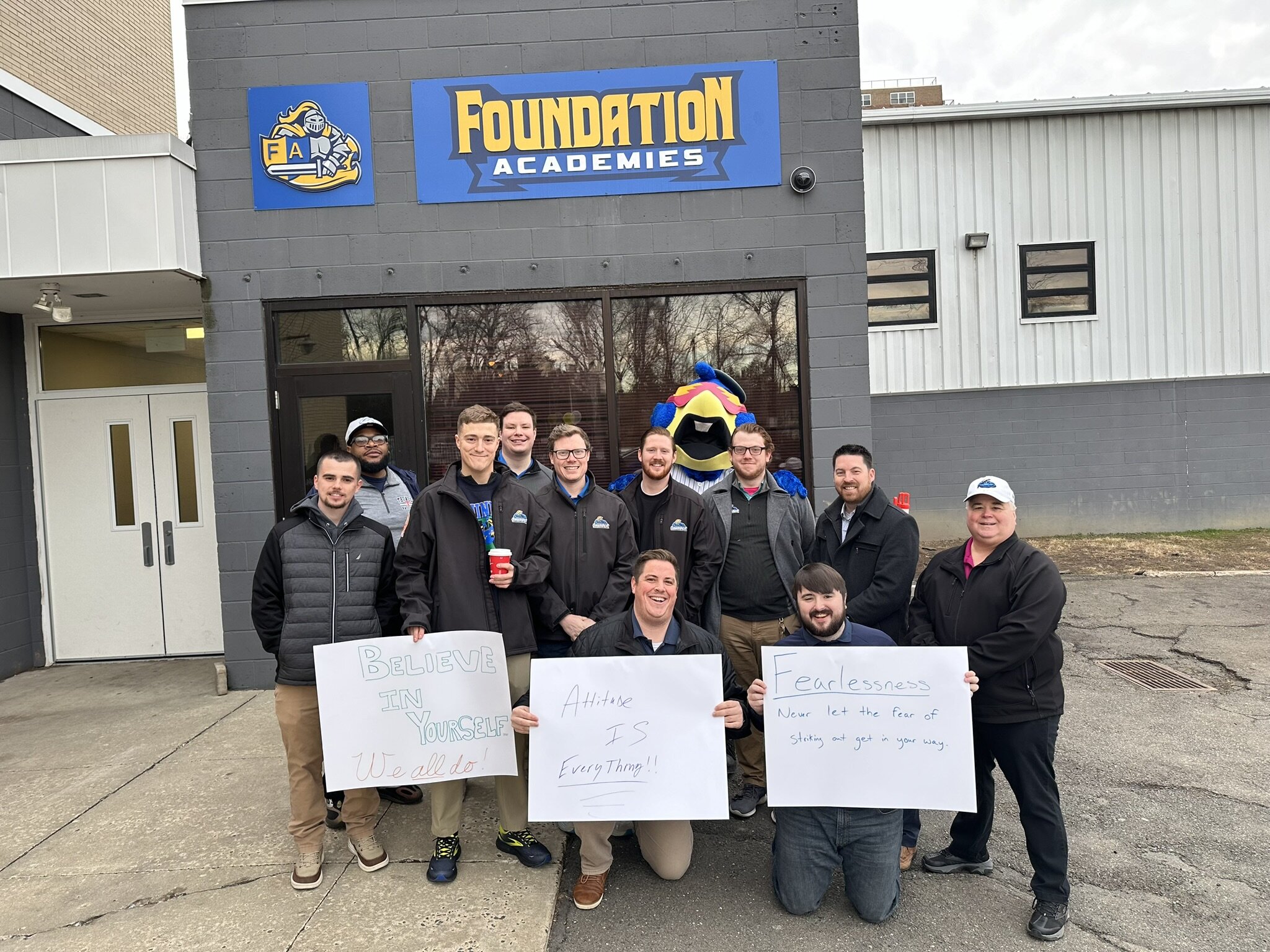 Men of the Trenton Thunder Front Office spent the morning at the @foundation_academies 100 Man Welcome, cheering on their scholars as they arrived for school!