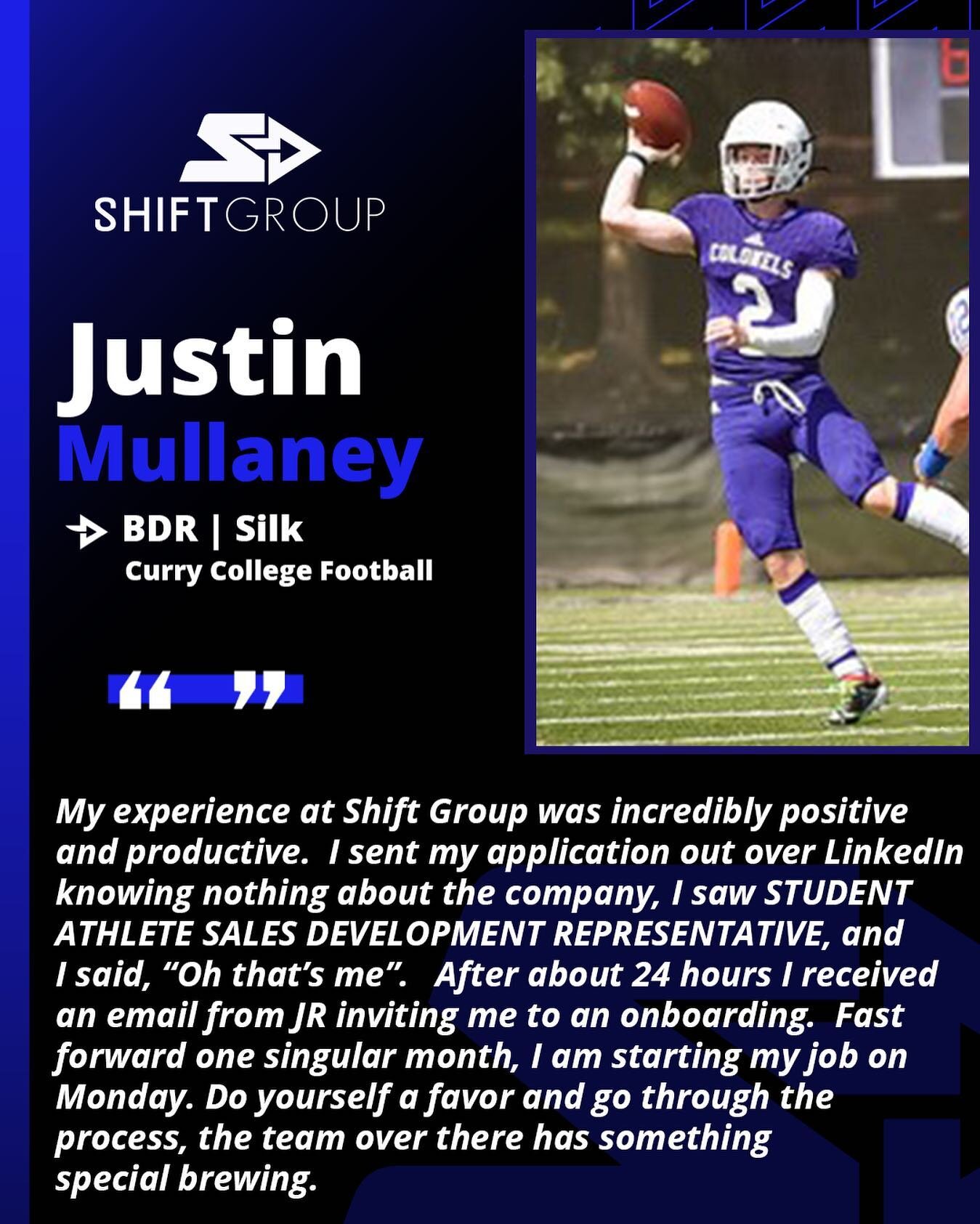 Congratulations to our hiring partner Silk on hiring an elite shift candidate Justin Mullaney! 

A former collegiate soccer player primed to excel in sales using the traits he has developed in his athletic career!
&bull;
&bull;
#careerdevelopment #sa