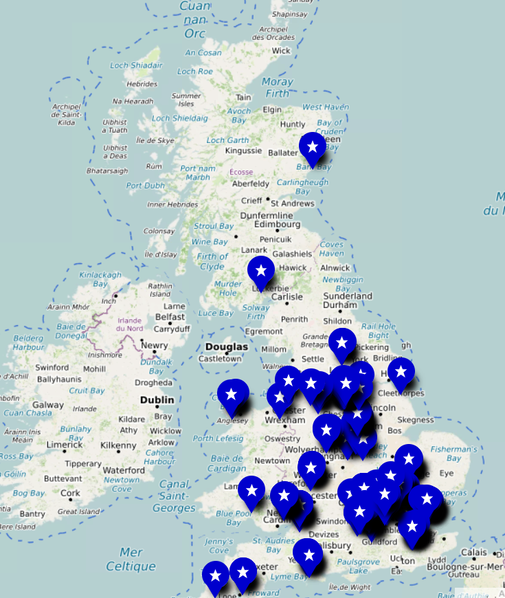 Image of the UK with Streets of Light markers around the country
