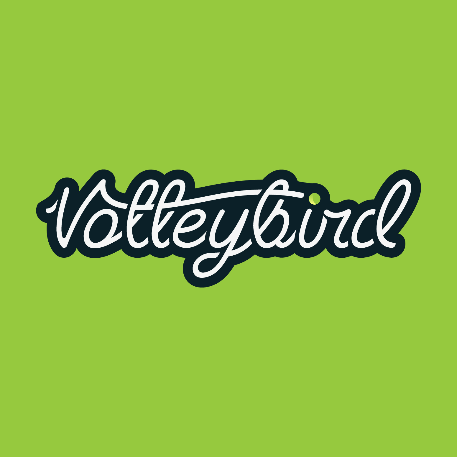 Bright green background with the word 'Volleybird' in stylized white and black cursive text. Stylish logo for the brand Volleybird.