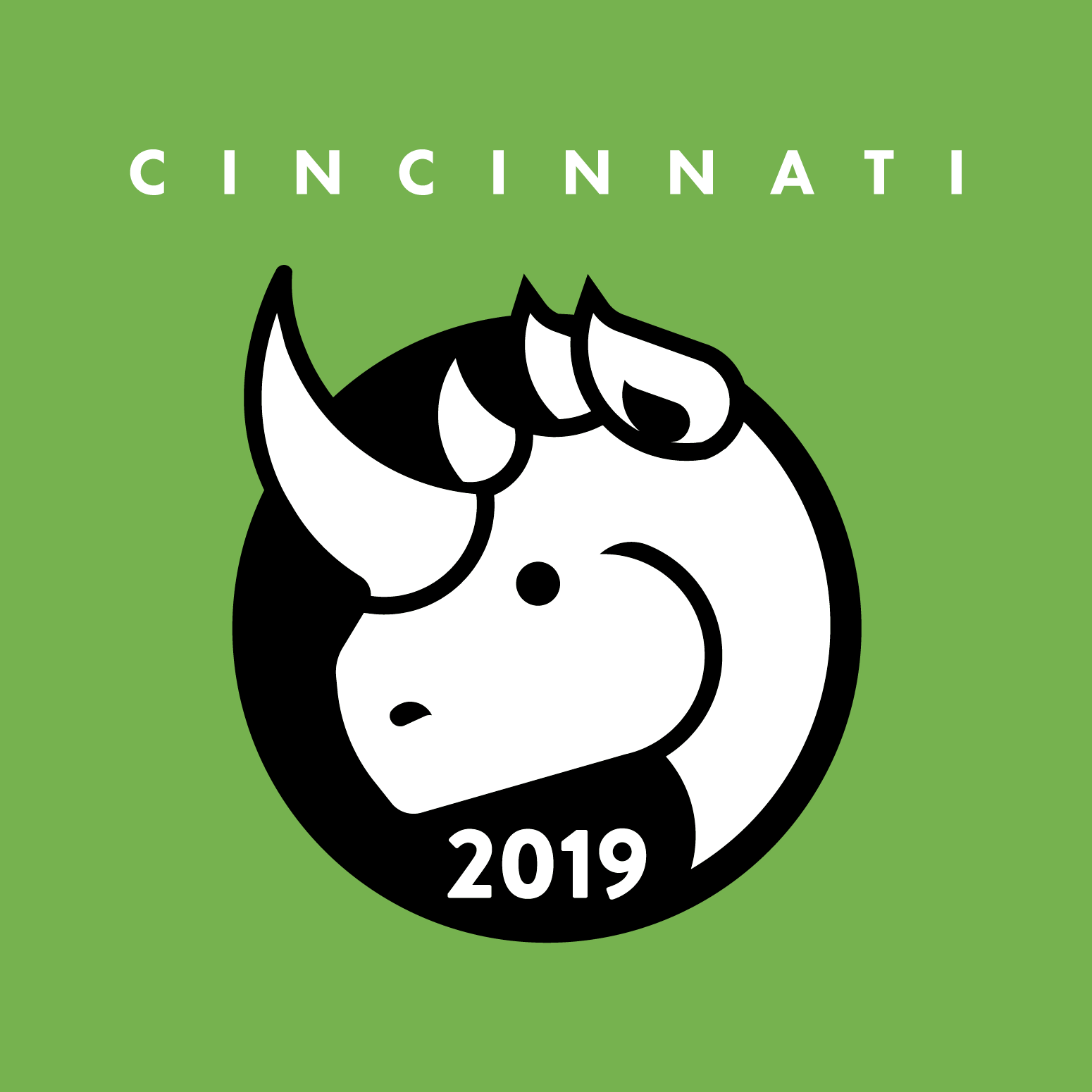 Green background with a black-and-white cartoon rhino face, the text 'Cincinnati' at the top and '2019' at the bottom. Bowling for Rhinos Logo design 2019.