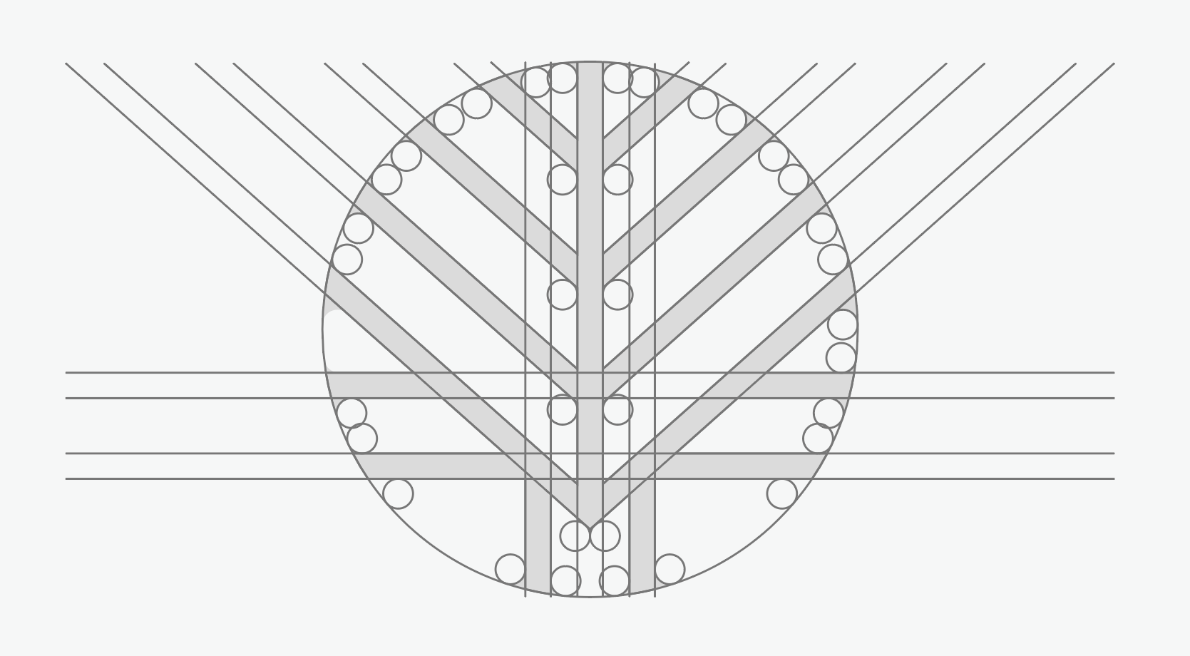 An architectural or engineering drawing with geometric shapes, lines, and circles, centered on a circle with radiating straight lines.
