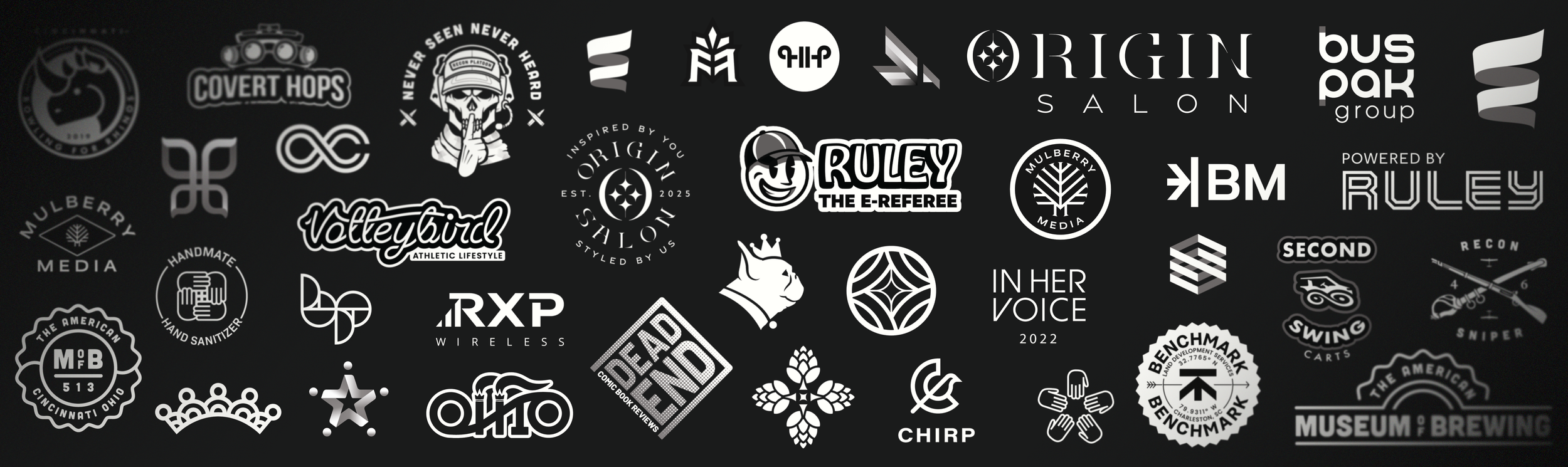 A collage of various black and white logos and brand emblems on a dark background.