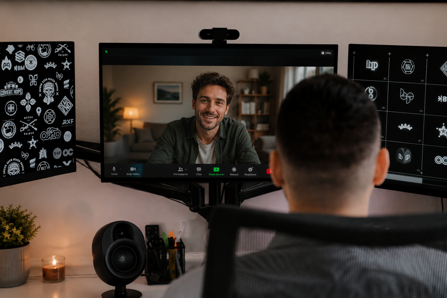 Clayton Hightower is participating in a video call with a man on a computer screen, in a home office setting with dual monitors, a speaker, and office supplies on the desk.