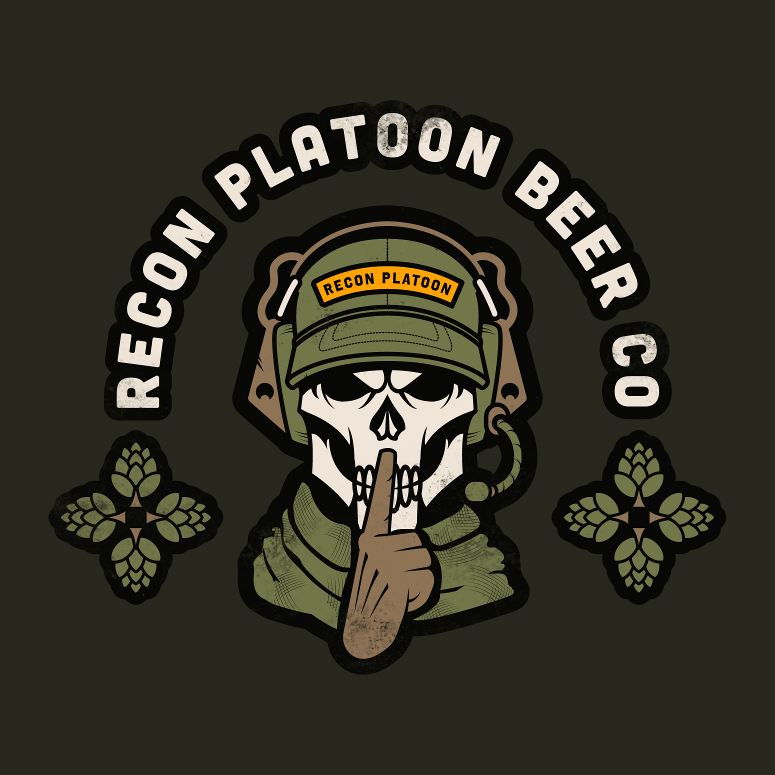 A skull wearing a military helmet with a "Recon Platoon" insignia, surrounded by military-themed designs and floral patterns.