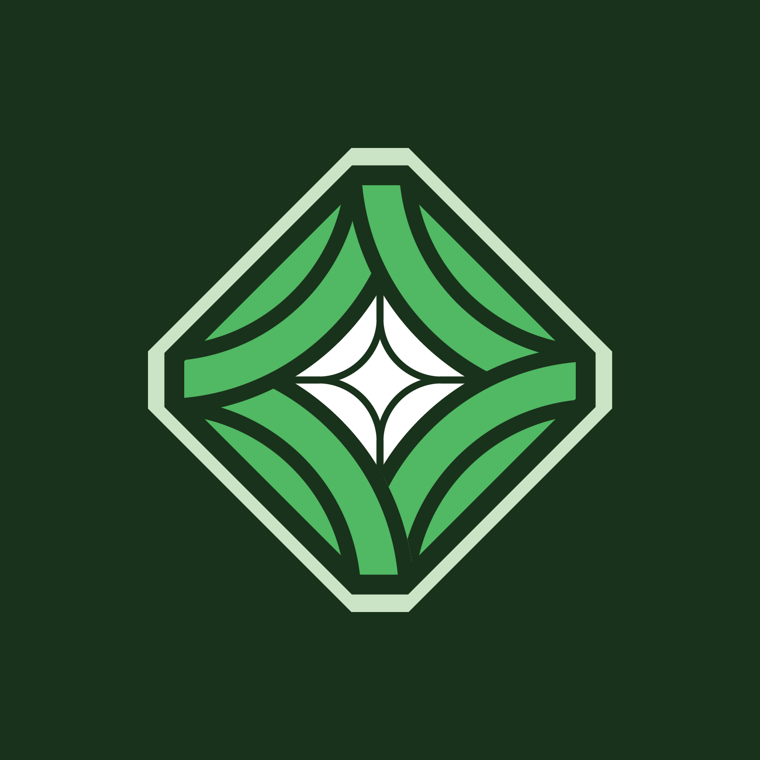 A geometric, symmetrical green and white diamond design on a dark green background. Landscaping Logo.