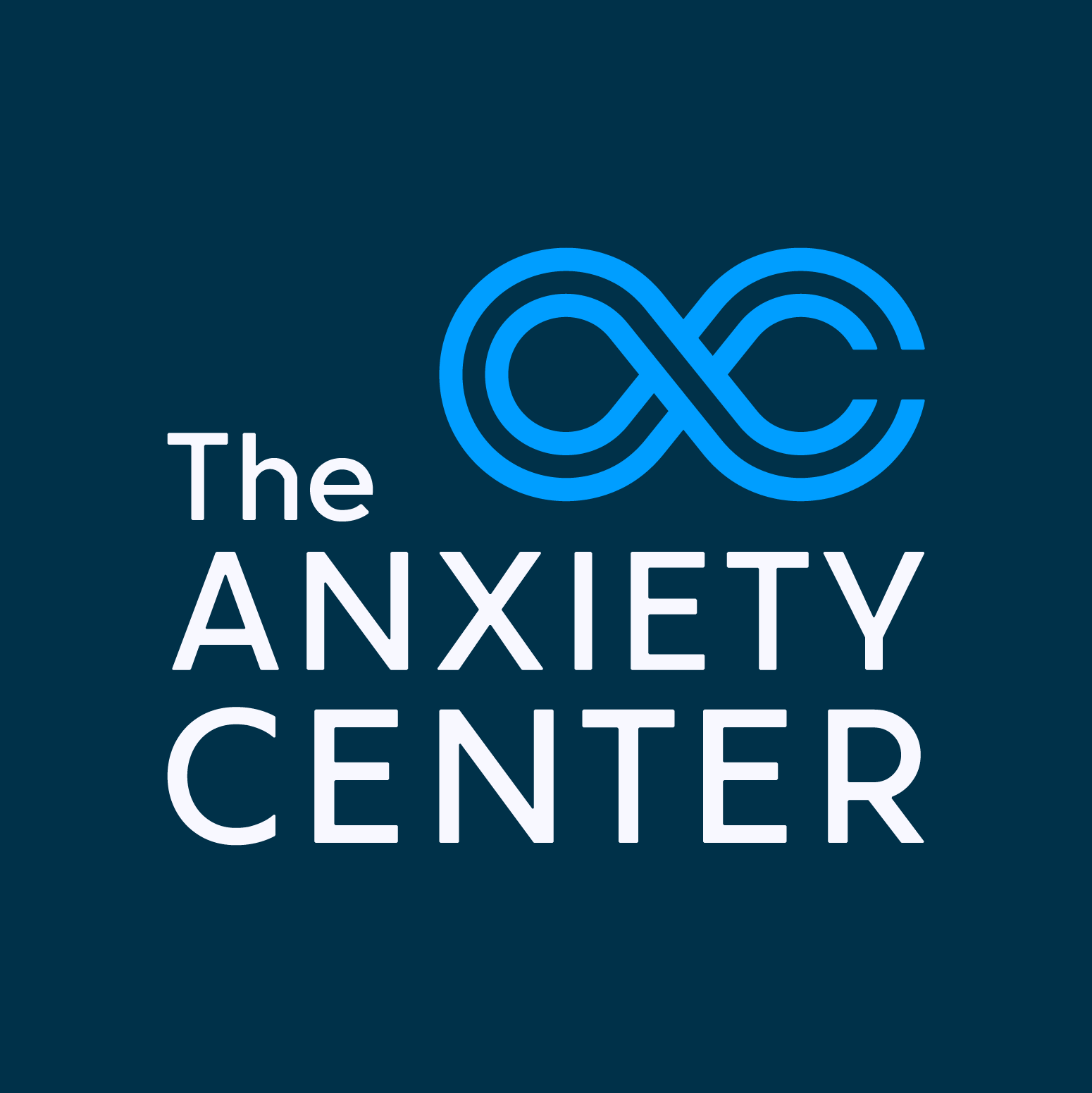 Logo of The Anxiety Center with a blue infinity symbol above the words 'The Anxiety Center' on a dark blue background. Break the cycle.
