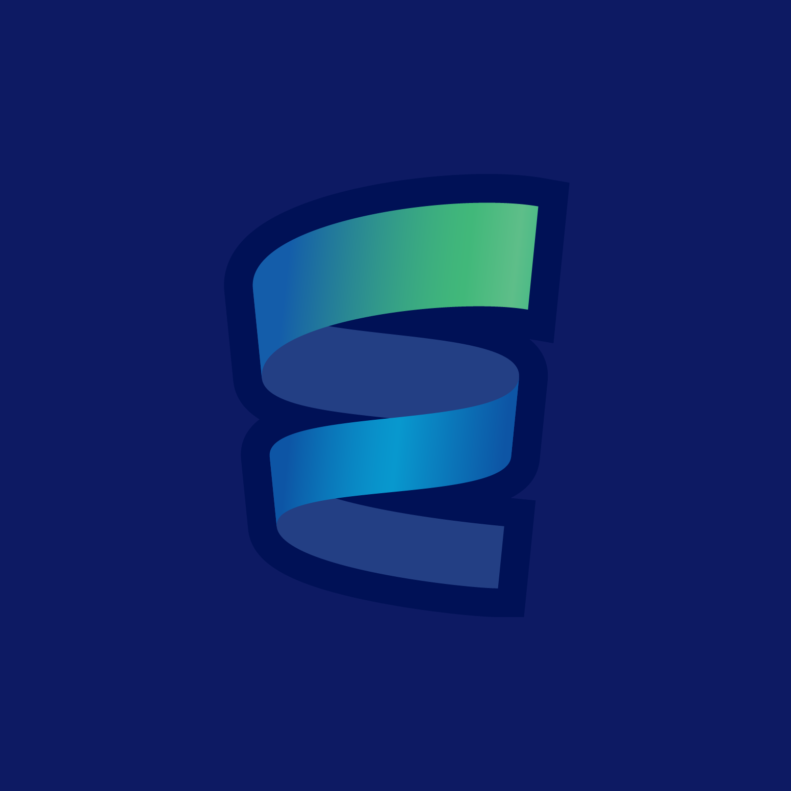 Digital illustration of a cylindrical, ribbon-like shape with a color gradient from blue to green against a dark blue background. Letter E logo.