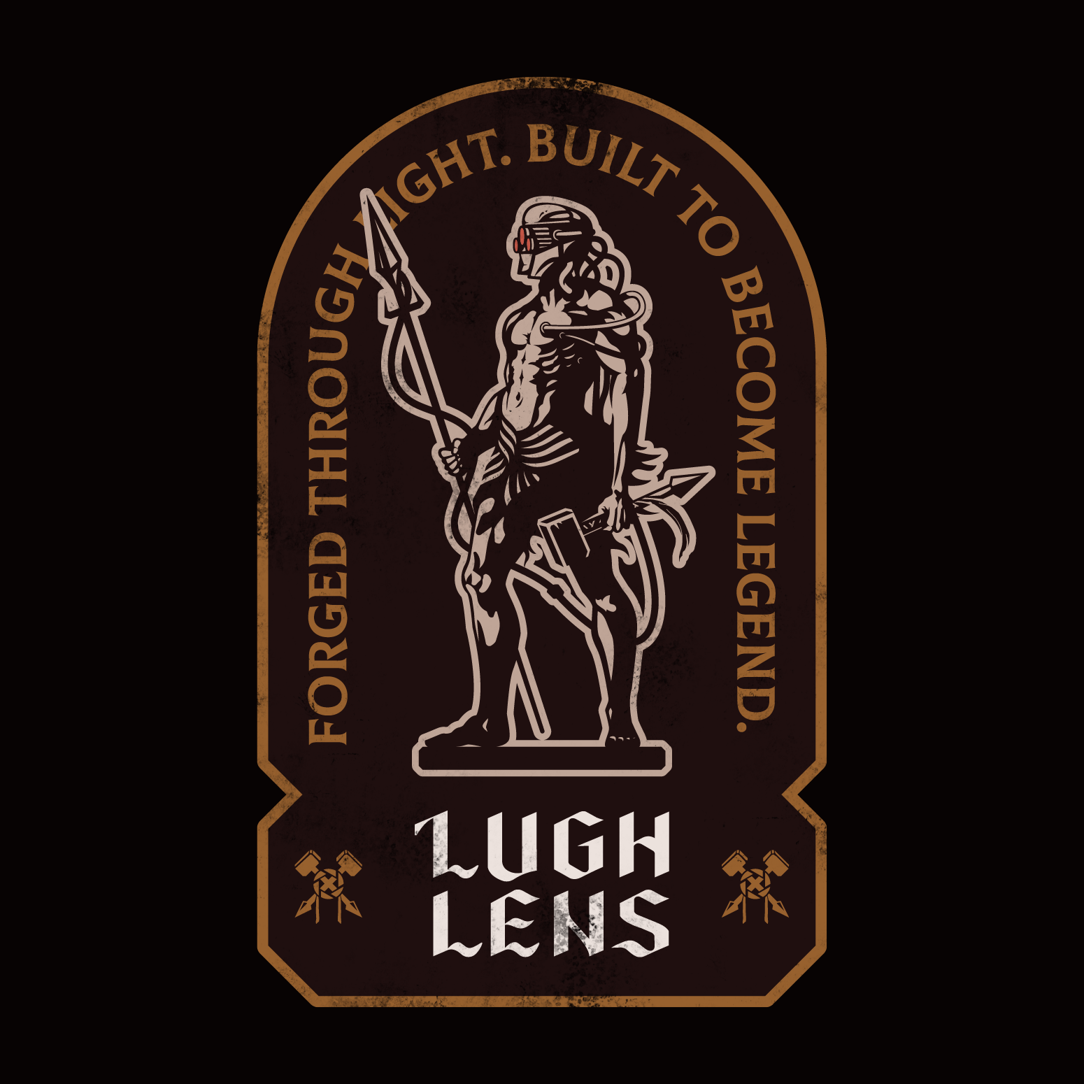 A logo with a depiction of a warrior holding a spear and a shield, with the text "Forged Through Might. Built to Become Legend." and "Lugh Lenses".  A logo crest design for Lugh Lens brand.
